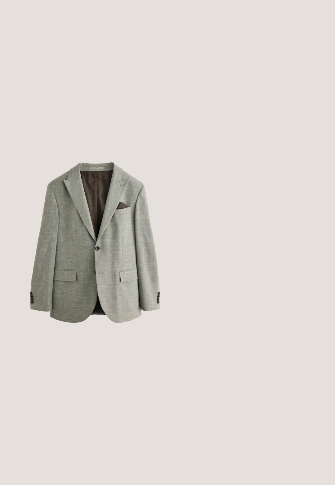 Lichtgrijze blazer van een gestructureerde stof met een subtiel ruitpatroon, twee voorkeuzen, een bruine voering en een pochette.; Witte longsleeve shirt van katoen, met een button-down kraag, een voorzak en een regular fit. Textuurstof met een gladde oppervlakte.; Donkere grijze formele pantalon met knoop- en ritssluiting aan de voorkant, riemlussen en zijzakken, plat weergegeven op een witte achtergrond.; Zwarte leren herenloafer met gestikte details, lage gestapelde hak en een smalle band over de bovenzijde, zijaanzicht op een witte achtergrond.; Zilveren roestvrijstalen horloge met een witte gestructureerde wijzerplaat, zwarte lederen band en blauwe sub-dial. Bevat markeringen en wijzers voor uur en minuut.; Tanleren riem met een gladde textuur, voorzien van een gouden metalen gesp en witte stiksels langs de randen, ontworpen met meerdere verstelgaten.