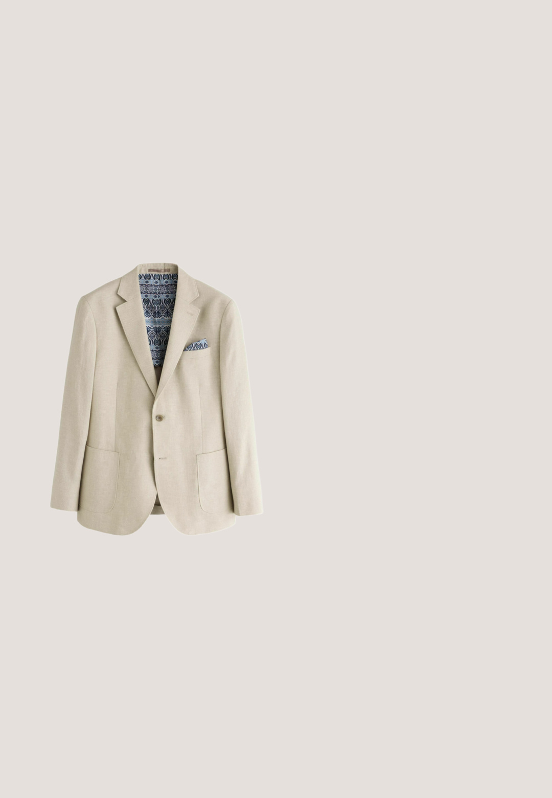 Beige blazer med enkelt knaplukning, hakkede revers, to forlommer samt et blåmønstrede lommetørklæde og foer.; Kortærmet skjorte med knaplukning i en stribet mønster i dæmpede nuancer af beige, sort og grå. Har en camp collar og en afslappet pasform.; Beige linnedbukser med plisseret front, sidelommer og et mørkebrunt vævet læderbælte med sølvspænde.; Scarosso Espadrilles - chestnut suede; John Henric SOLID - Sjal / Tørklæder - beige; Flettet brun læderbælte med en sølvfarvet metalspænde, med glatte kanter og en tekstureret overflade. Detaljer omfatter en læderholder.