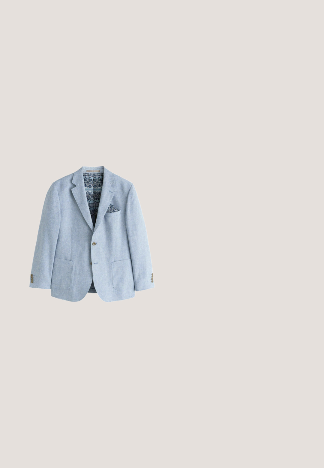 Hellblauer Herrenblazer mit zwei Knöpfen, einer Kerbklappe, Fronttaschen, gemustertem Innenfutter und passendem gemustertem Einstecktuch.; Weißes Langarm-Hemd mit Knopfleiste und Kragen, mit glatter Textur und sechs Vorderknöpfen. Taillierte Passform mit geknöpften Ärmeln.; Hellblaue Jeans aus Denim mit geradem Bein, ausgestattet mit fünf Taschen, dezentem Used-Look und klassischen Ziernähten.; Braune Lederloafers mit glatter Oberfläche, gestickten Details an der Spitze und einem niedrigen, gestapelten Absatz. Minimalistisches Design ohne sichtbare Markenkennung.; Braune Ledermessenger-Tasche mit flachem Deckel, doppelten Schnallen und abnehmbarem Trageriemen, mit glatter Oberfläche und robusten Hardware-Details.; Brauner Ledergürtel mit glatter Textur, rechteckiger silberner Metallverschluss und einem einzelnen Druckknopfdetail, mit einer abgerundeten Spitze.