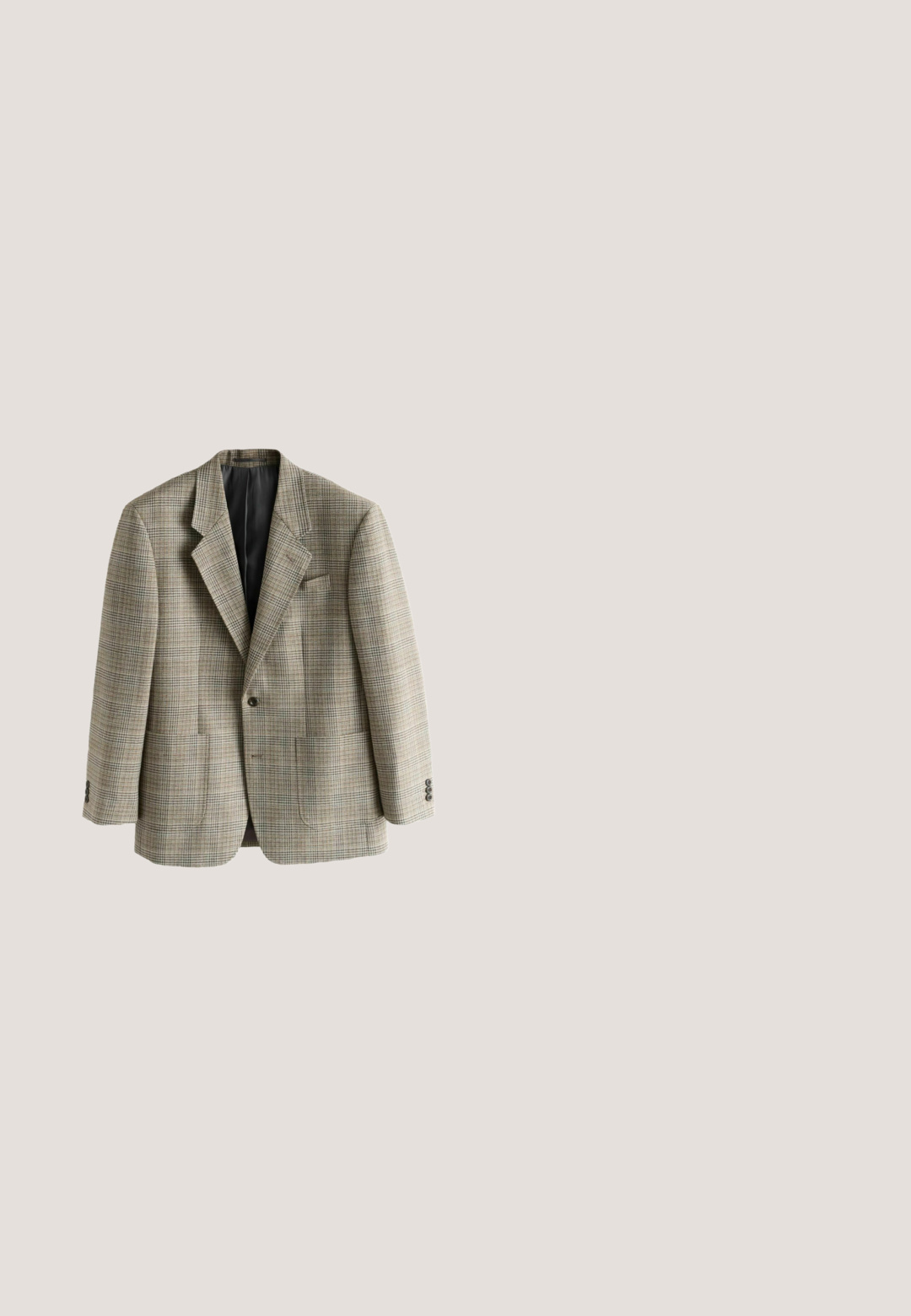 Mandens skræddersyede blazer med beige og brun ternet mønster, med udboret revers, enkeltknappet og med forlommer, vist fladt.; Grå cardigan med sjalskrave, cablestrik mønster, fem brune knapper, ribbede manchetter og kant, lavet af et blødt strik materiale.; Hvid langærmet skjorte med knapper lavet af bomuld, med en brystlomme med tonal broderi, krave og knapmanchetter.; Brune fløjlbukser med lige snit, der har frontfolder, skrå lommer og en enkelt knaplukning i taljen.; Mørkebrune herresutsko i ruskind med kvaster og lav stablet hæl på ensartet lys baggrund.; Brun lædermappe med øverste håndtag, frontklap sikret med en sølvlåse, og en justerbar skulderrem fastgjort på venstre side.