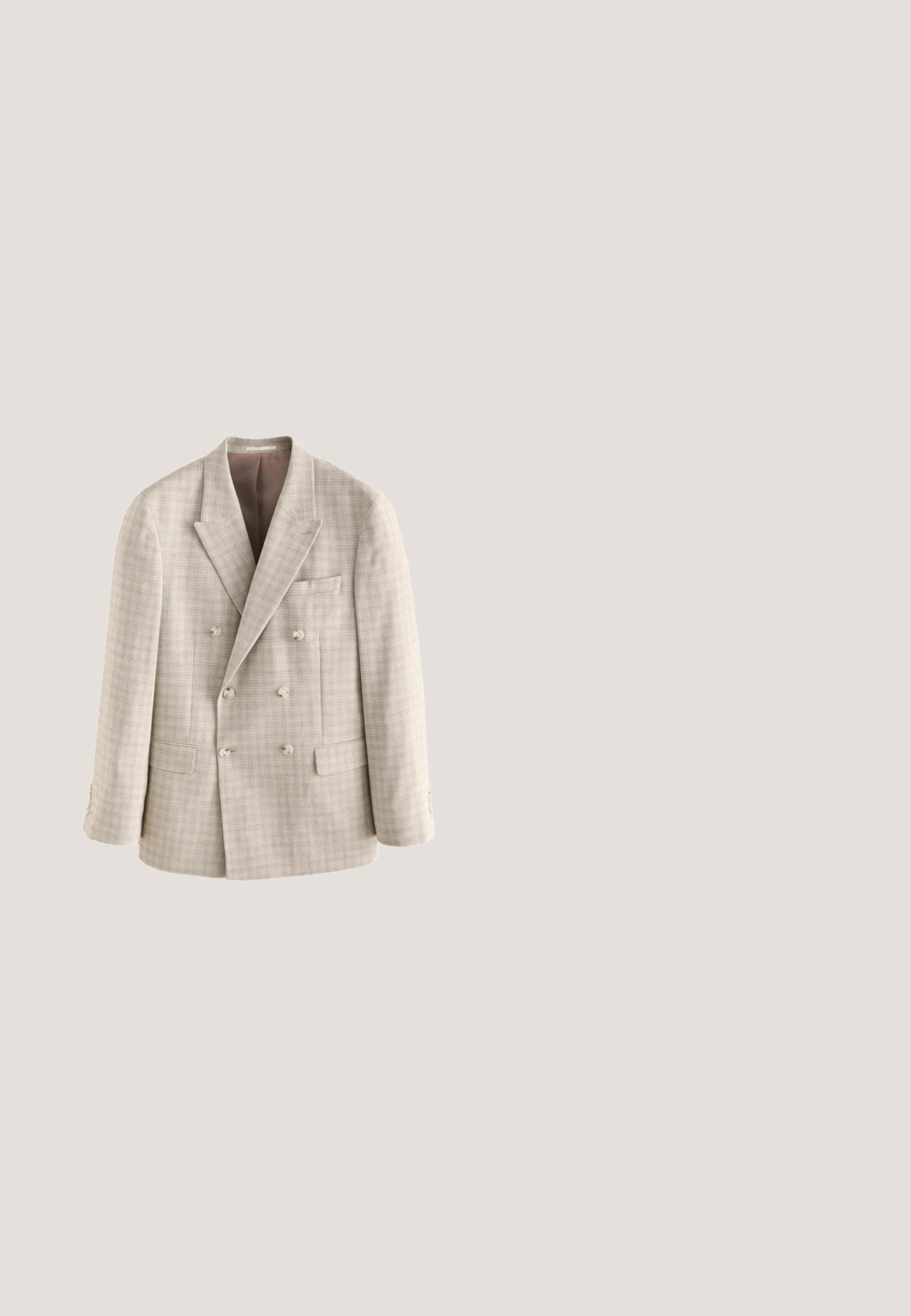 Blazer beige de doble botonadura confeccionado en tejido texturizado, con cuatro botones, un bolsillo en el pecho y solapas picadas.; Suéter de manga larga gris claro con ribetes, cuello redondo y cinco botones plateados en la tapeta frontal.; Camisa de manga corta con botones y diseño de patchwork que presenta motivos florales, escritura, peces y naturaleza en tonos beige, marrón y apagados.; Tejido negro texturizado con una superficie suave y ligeramente brillante, que muestra un sutil patrón de tejido y un caída suave.; Mocasín negro de cuero con suela gruesa y acanalada y detalle de tira para moneda, mostrado en perfil lateral derecho sobre fondo blanco.; Cinturón beige tejido enrollado con hebilla de metal plateado y ribete de cuero beige sobre un fondo liso y claro.