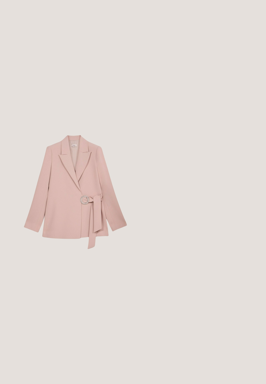 Blushroze blazer met een aansluitend ontwerp, met notch-revers, lange mouwen en een getailleerde taille met een decoratieve strass gesp.; Roze mouwloze jumpsuit met een hoge taille en een ceintuur die gestrikt wordt, met wijde pijpen op een witte achtergrond.; Nude lakleren hoge hak sandaal met een dunne enkelband en ronde gesp, open teen ontwerp en een slanke stilettohak.; Guess Zonnebril - white smoke gray gradient; Gequilte lichtroze schoudertas met ketting- en leren riem, gouden hardware, ritssluiting en klein driehoekig Guess-logo aan de voorkant.; Gouden armband met meerdere lagen kettingen, roze en heldere kristallen van verschillende maten, en een ronde logo charme. Met een kreeftsluitingen.