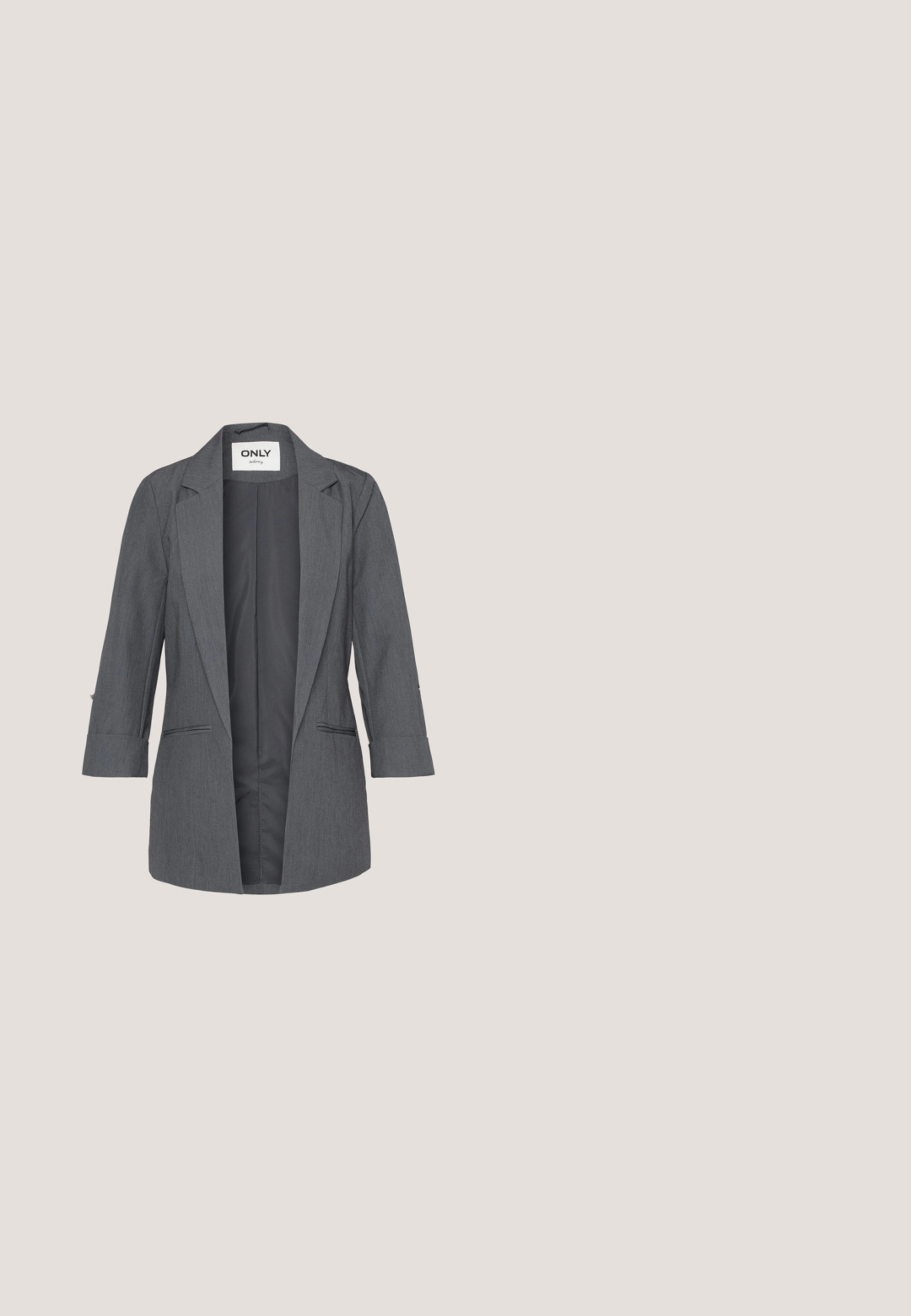 Blazer gris con un cuello de muesca, abertura frontal, dos bolsillos frontales y puños enrollados. Fabricado en tejido texturizado con un forro interior suave.; Camiseta negra sin mangas con encaje en el escote y en las tirantes; tejido suave con un diseño fluido para un ajuste relajado.; Jeans skinny de mezclilla gris con una textura suave, talle alto, diseño de cinco bolsillos y cierre de botón metálico en la parte delantera.; Call it Spring NOVALIE - Sandalias con plataforma - black; Bolso de mano de piel sintética negra con una textura suave, forma redondeada y una resistente correa de cuero negro para el hombro. Acentos de herrajes plateados visibles.; Pendientes de aro plateados con un diseño retorcido y ondulado. Fabricados en metal brillante, con un cierre para un uso seguro. Textura suave, tamaño medio.