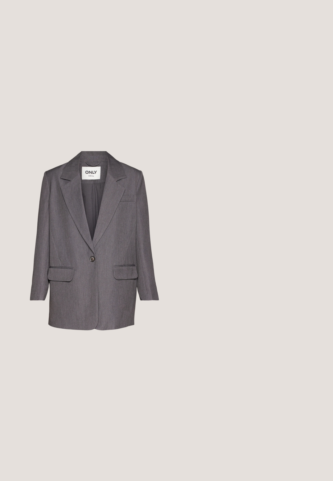 ONLY ONLHATTIE - Blazer - dark grey melange; Blusa blanca de manga larga con un profundo escote en V, material suave similar al satén y puños de manga fruncidos para un ajuste relajado.; Pantalones negros de pierna ancha con bolsillos laterales y tiras con hebilla ajustable en la cintura, mostrados sobre un fondo blanco.; Mocasines de cuero negro con una textura suave, punta redondeada, detalles de costura en la parte superior y una suela de goma baja y plana.; Bolso tote de cuero color canela con asas dobles, herrajes dorados y pequeño nombre de la marca en relieve en el centro frontal.; Collar de oro con una cadena delgada, cierre de langosta, eslabones texturizados y un pequeño charm redondo al final.