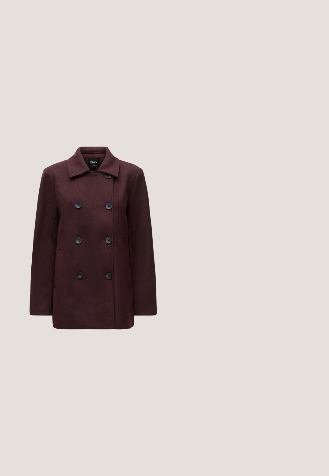 Manteau en laine bordeaux foncé à double boutonnage avec six boutons noirs et un large col, présenté sur un fond clair uni.; Gilet boutonné à manches longues côtelé en rose foncé, avec un col rond et sept boutons noirs et argentés sur le devant.; Chemise ajustée à manches longues pour femme en violet foncé avec encolure ronde sur fond clair uni.; Pantalon ample couleur bordeaux avec taille élastique et cordon de serrage, jambes droites, sans poches visibles ni motifs.; Talons aiguilles bordeaux à bride arrière avec un bout pointu, finition en cuir brillant, petite découpe à l'avant et un talon stiletto fin avec des accents dorés.; Sac à main bordeaux en matériau brillant, de forme rectangulaire, avec deux anses et des accents légèrement courbés à l'avant.