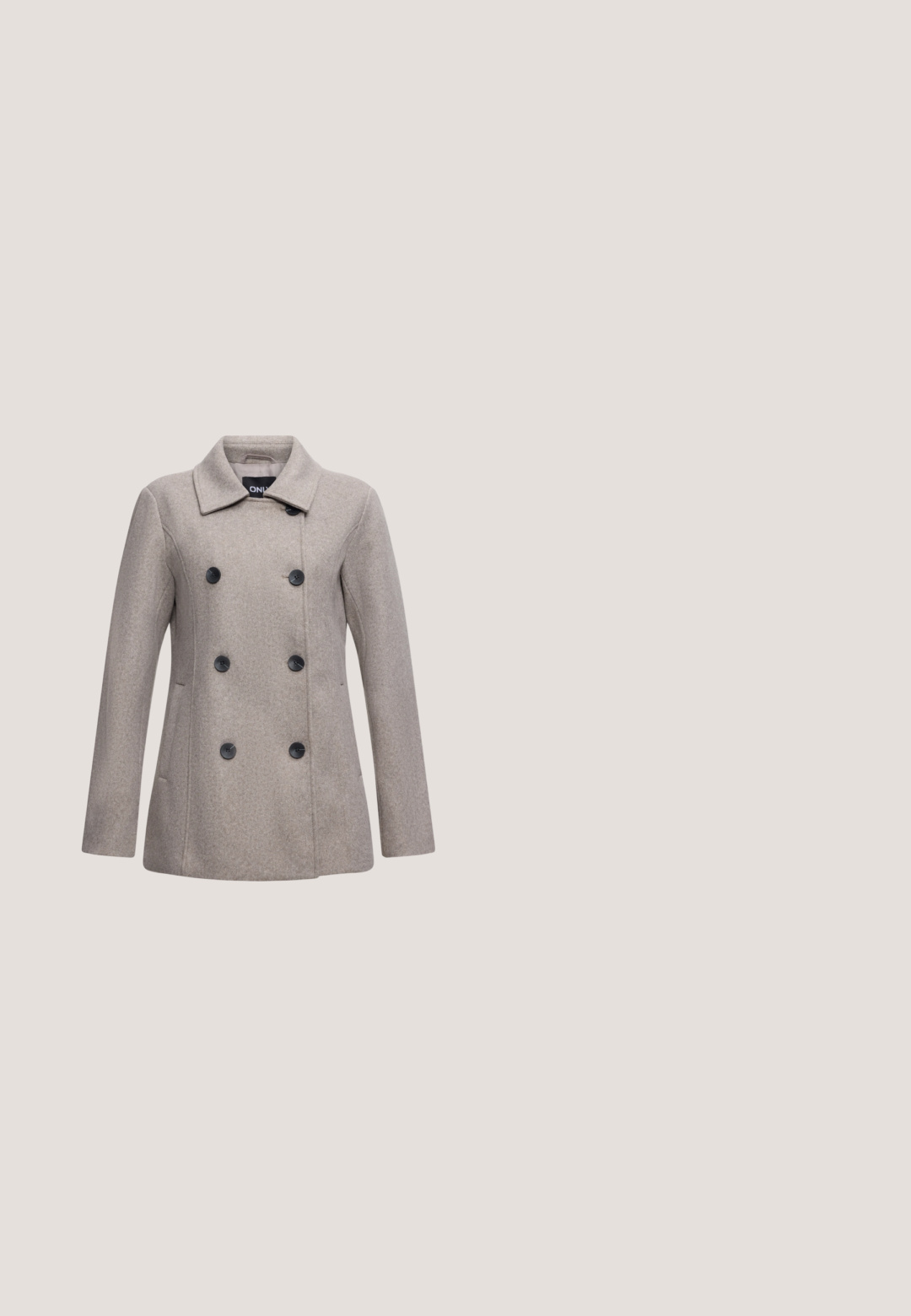 Manteau en laine gris clair, croisé, avec six boutons noirs, manches longues, col et poches latérales, présenté sur un fond uni.; Cardigan gris foncé à manches longues avec boutons, col en V et quatre boutons noirs sur le devant, présenté sur un fond clair uni.; T-shirt uni bordeaux à manches courtes et col rond, coupe ample, présenté sur fond blanc uni.; Pantalons gris en tissu texturé et tissé. Design à jambes larges, devant plat et sans matériel ou accents visibles. Convient pour une tenue formelle.; Bottine noire en cuir lisse avec un bout pointu et un talon effilé. La tige présente un design légèrement froncé.; Petit sac à main noir brillant avec deux longues anses et des détails à cordon sur les côtés sur un fond clair uni.