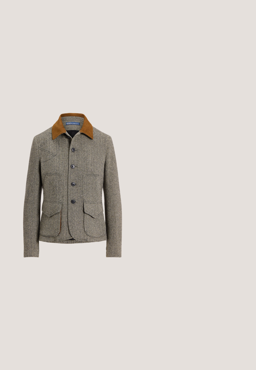 Veste en chevron marron avec un col en velours côtelé, dotée d'une fermeture à boutons, de deux poches avant et d'une coupe classique.; AERON TENDER LONG SLEEVED  - Pullover - black; Pantalons beiges ajustés avec une texture lisse, taille haute, deux boutons décoratifs et une poche arrière. Design à jambe droite.; Botte noire en cuir montante jusqu'au genou avec talon bas, boucle dorée et petit logo embossé sur la sangle latérale.; Sac en cuir noir à bandoulière croisée avec une forme courbée, matériel en ton or et un détail en plaque à l'avant portant le logo. Sangle ajustable incluse.; Ceinture en cuir noir avec une boucle en métal doré "RL", présentant une texture lisse et un intérieur contrastant bordeaux. Réglable grâce à des trous.