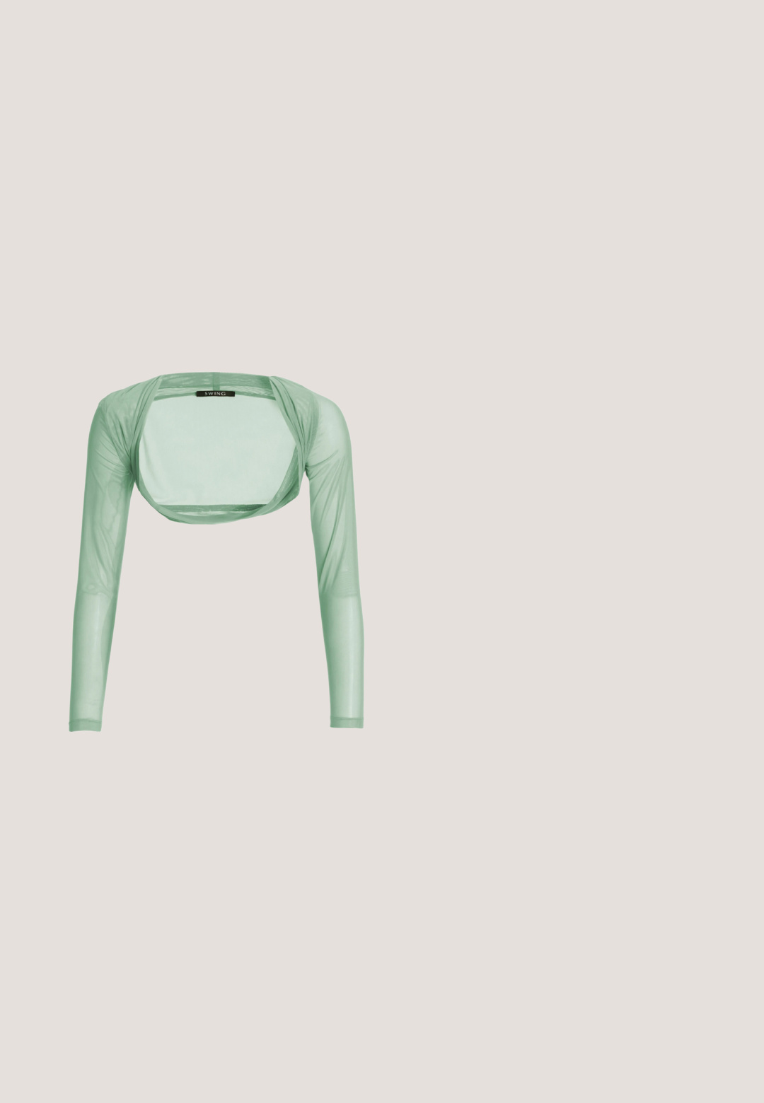 Bolero de malla ligero verde claro con mangas largas y frente abierto, etiquetado "SWING" en el cuello de la parte posterior.; Vestido de satén rosa con tirantes finos, detalle de lazo en el busto y recortes laterales transparentes. Largo hasta el suelo con una textura suave.; Zapato de tacón alto de punta puntiaguda con encaje crema, con un pequeño lazo en la parte delantera y un tacón de aguja delgado.; Gafas de sol rectangulares translúcidas blancas con lentes degradadas y varillas delgadas de metal, con la marca Michael Kors en la lente y la patilla.; Envoltorio de satén blanco con un diseño frontal retorcido. Textura suave, cae delicadamente. Cuenta con un cierre de lazo en el lado para un ajuste ajustable.; Clutch de noche blanca decorada con perlas, lentejuelas y pequeños cristales, con un cierre plateado y una fina cadena de plata.