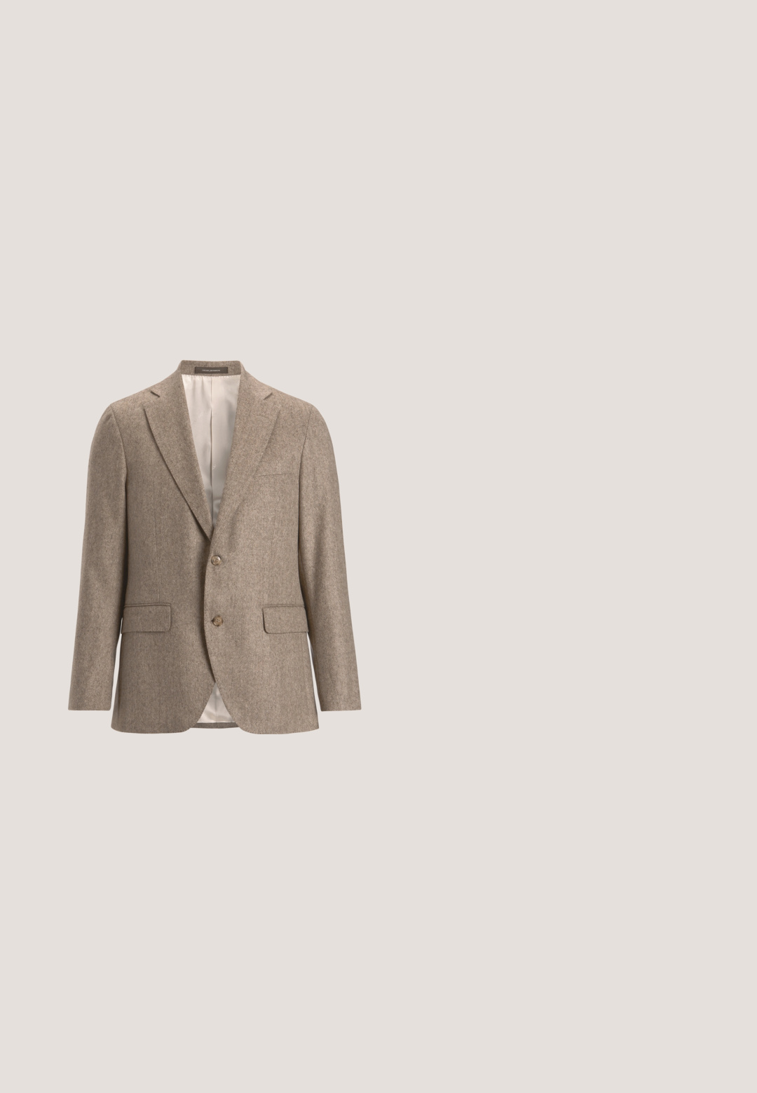 Ruskea herringbone-blazer, joka on valmistettu teksturoidusta kankaasta ja jossa on kaksi etutaskua sekä kaksi nappia. Sisävuori on sileää materiaalia.; Tummansininen pitkähihainen paita, jossa on terävä kaulus, valmistettu sileästä kankaasta. Varustettu nappikiinnityksellä ja hihansuilla, ei näkyviä kuvioita tai grafiikoita.; Beiget suorat housut, joissa on nappi- ja vetoketjusuljenta, vyölenkit sekä sileä, istuva viimeistely.; Tummanruskea kiillotettu nahkainen miesten nauhakenkä, matalalla korolla ja pyöreällä kärjellä, esitetty oikean sivun profiilista valkoisella taustalla.; Musta kangasläppärilaukku, jossa on geometrinen kuvio, yläkahvat, irrotettava olkahihna, vetoketjullinen etutasku ja kohokuvioitu logo nahkaisessa koristeessa.; Mustaa nahkaa oleva vyö kierrettynä suorakulmaisella mattamustalla soljella ja hillityllä kohokuviollisella logolla valkoisella taustalla.