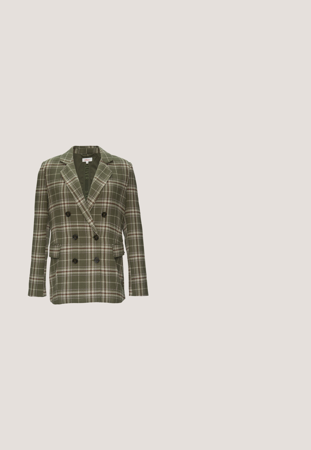 Grüner und weißer kariierter Doppelreiher-Blazer mit dunklen Knöpfen, scharfen Revers und zwei Seitentaschen. Strukturstoff mit tailliertem Schnitt.; WE Fashion Top - dark green; Dunkelgrüne Samt-Hose mit geradem Bein und elastischem Bund, flach auf einem weißen Hintergrund präsentiert.; Beiger Sneaker mit strukturiertem Stoffobermaterial, weißer Gummisohle, Schnürsystem und Logodetails. Auf einer Holzoberfläche mit Kieselsteinen platziert.; Braune Wildleder-Crossbody-Tasche mit schlanker rechteckiger Form, vorderem Riemen mit kleiner goldener Schnalle und verstellbarem Schulterriemen.; Goldkette mit flachem, rechteckigem Gliederdesign. Verfügt über einen sicheren Verschluss, eine glatte Textur und gleichmäßige Farbe.