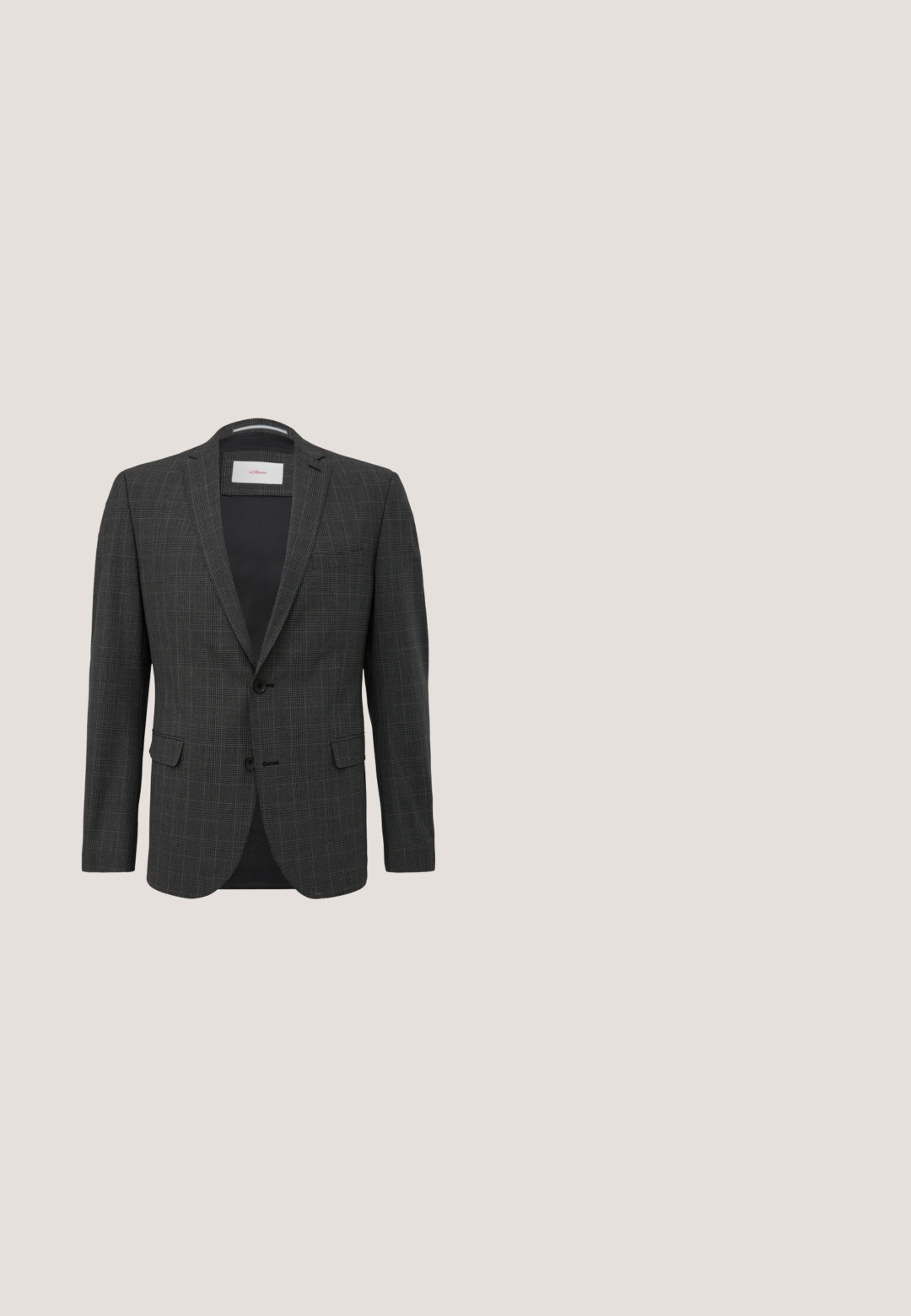 Grijze blazer met patroon, slim fit, met notch revers, twee voorkeurszakken en twee knopen. Gevoerde binnenkant met een zichtbaar label.; Zwarte overhemd met lange mouwen, knopen aan de kraag en een knoopsluiting aan de voorkant. Soepele stof met een afgeronde zoom en contrasterende knoopdetails.; Zwarte broek met een getailleerde pasvorm, rechte benen, riemlussen en zonder zichtbare patronen of versieringen. Klassiek ontwerp.; Zwarte oxford schoen van leer met een gladde afwerking, ronde neus en vetersluiting. Voorzien van een licht verhoogde hak en een naaddetail over de neus.; Zwarte leren toilettas met structuur, voorvak met rits en zijtreklip, rechthoekige vorm, HUGO-logo patch aan de voorkant.; Zwarte leren riem opgerold met een rechthoekige zilveren gesp gegraveerd met "HUGO" en een leren lus met rode stiksels.