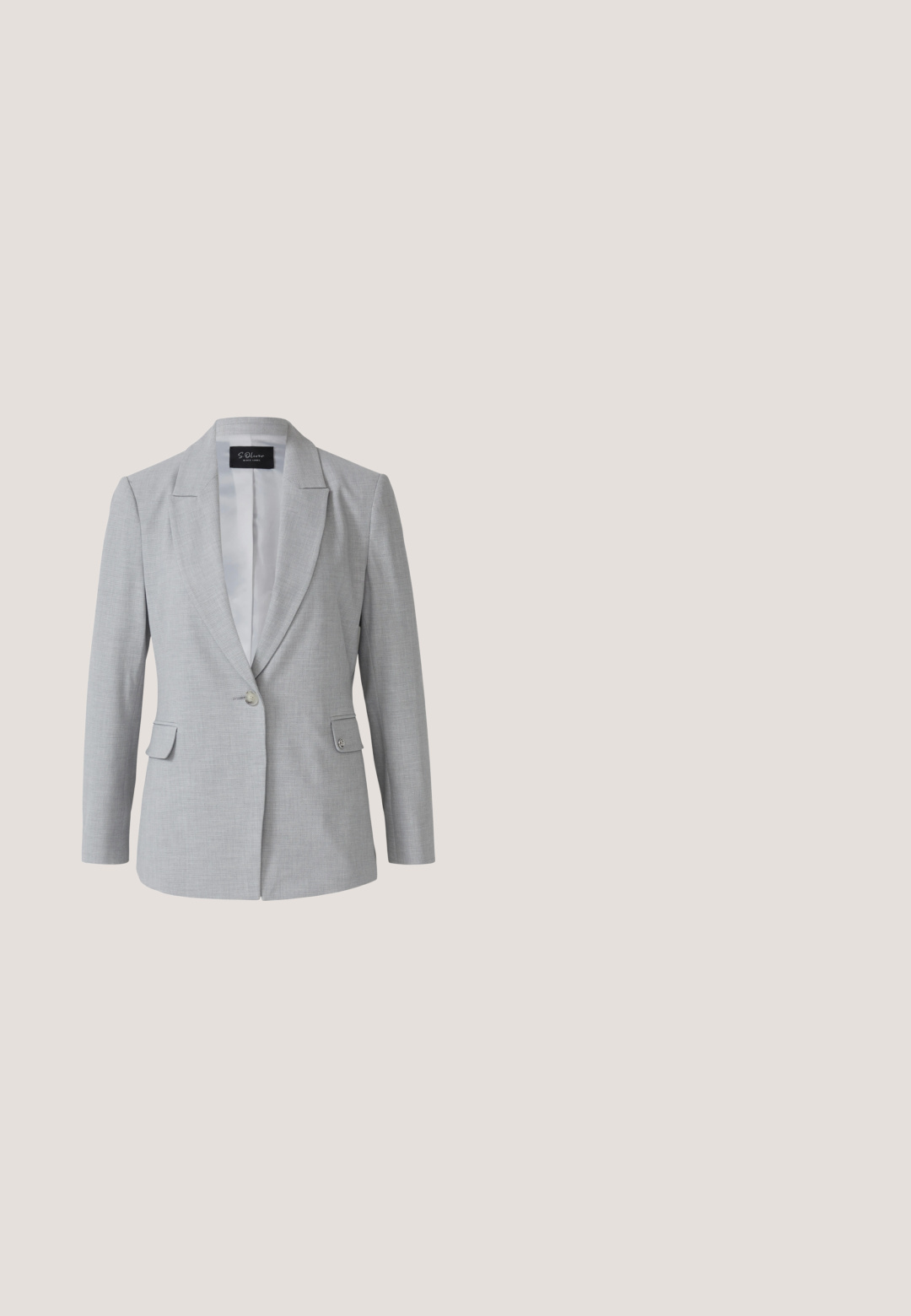 Lichtgrijze blazer van gestructureerde stof, met een enkele knoopsluiting, notch-revers en twee voorkanten met klepzakken.; Korte mouwen, lichtblauwe gebreide trui met een ronde hals en geribbelde boorden en zoom.; Lichtgrijze uitlopende broek van een gladde stof, met een aansluitende taille en zijzakken, voorzien van een persnaad aan de voorkant voor extra structuur.; Lichtblauwe suède instappers met een lage hak, uitgerust met een decoratieve band en metalen gespsluiting. Glad textuur en gestroomlijnd ontwerp.; Lichtgrijze rechthoekige handtas met twee bovenhandgrepen en een verstelbare schouderriem, minimalistisch ontwerp met een merkembleem aan de voorkant.; Elli BASIC - Enkelbandjes - silberfarben