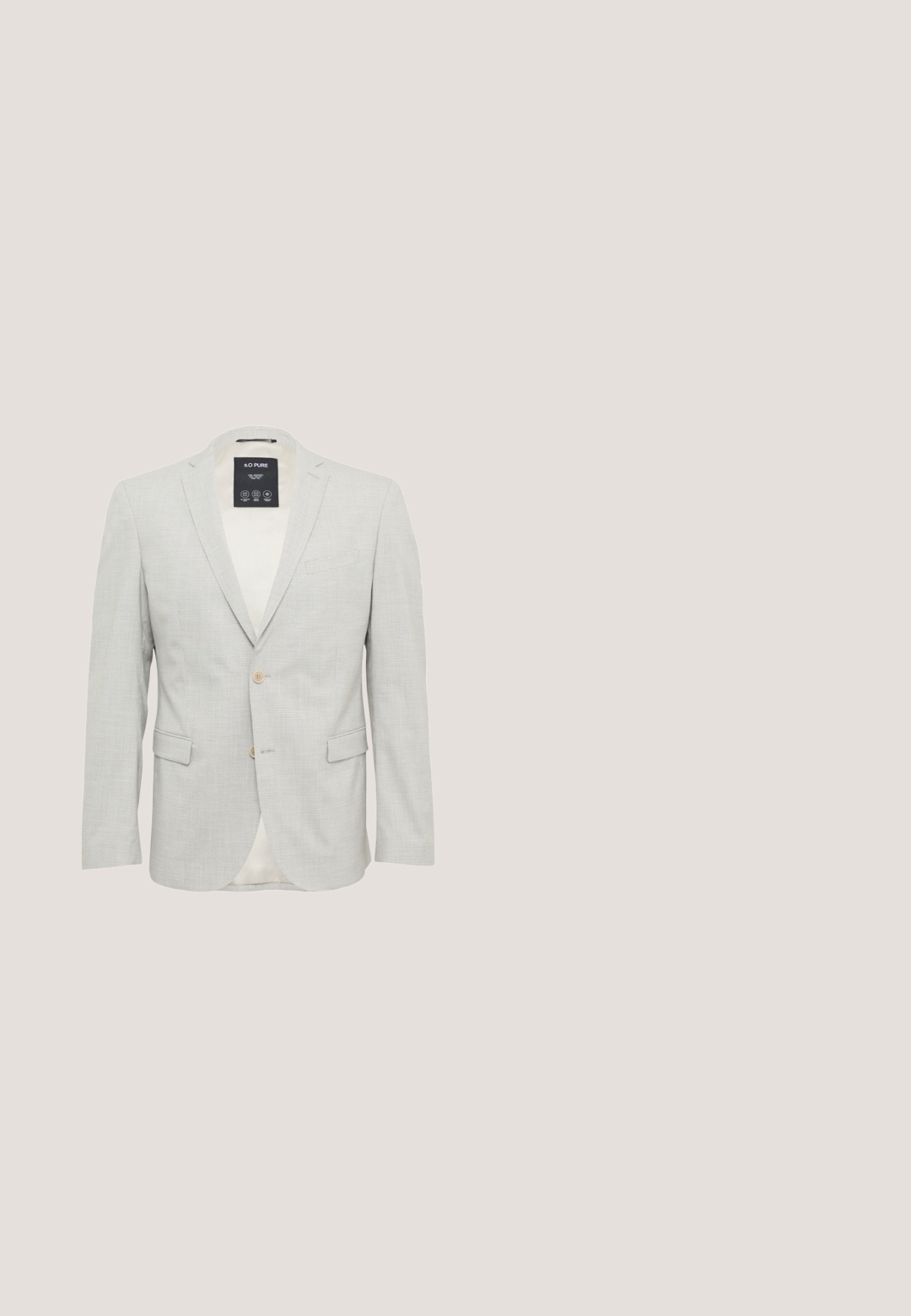 Lichtgrijze blazer met een textuurpatroon, enkelvoudige sluiting, geknikte revers, twee voorzakken en twee knopen. Voering aan de binnenkant.; Witte overhemdd met lange mouwen, knoopsluiting aan de voorkant, één borstzak, klassieke kraag en een gladde textuur.; Beige flat-front nette broek met riemlussen, knoopsluiting en rechte pijp op een witte achtergrond.; Grijze suède schoen met een slanke silhoutte, spitse neus en een bruine leren zool. Kenmerkt zich door minimale stiksels en een eenvoudige vetersluiting.; Lichtgrijze stropdas met subtiele witte polkadots, plat uitgestald op een witte achtergrond.; Grijze suède riem met een gladde afwerking, voorzien van een zilveren metalen gesp en een reliëflogo. De riem heeft een strak, minimalistisch ontwerp.