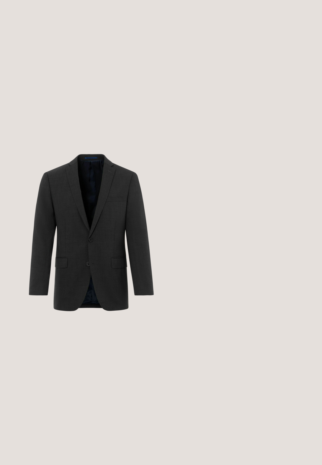 Donkergrijze blazer van textuurstof. Heeft een enkelvoudige sluiting, twee voorklauwen en een blauwe binnenvoering.; Wit overhemd met lange mouwen, voorzien van een gestructureerde kraag, knoopsluiting aan de voorkant en manchetten, gemaakt van gladde stof met minimale textuur.; Boggi Milano Chino - charcoal; Zwarte leren dresschoenen met een gladde afwerking, ronde neus, vetersluiting en een lage gestapelde hak. Subtiele stikselaccenten zichtbaar.; Seidensticker Stropdas - anthracite; Zwarte leren riem met een textuurafwerking, voorzien van een zilveren metalen gesp en een spitse riempunt. Eenvoudig ontwerp voor veelzijdig gebruik.
