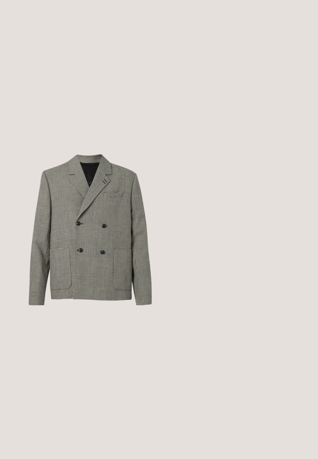 Dobbeltbrystet blazer i sort-hvidt ternet mønster, med en slagkrave, to frontlommer og sorte knapdetaljer.; Marineblå sweater med et iøjnefaldende mønster af "Guess Los Angeles" tekst i en kontrasterende mørkeblå farve, ribbet halsudskæring, manchetter og kant.; Grå bomulds T-shirt med rund hals og korte ærmer. Har et sort og hvidt sydd logo på venstre bryst. Glat, afslappet design.; Slim-fit grå afslappede bukser med bæltestropper og lukning foran med knap.; Sorte læder chelsea støvler med elastiske sidepaneler, kontrasterende syninger og trækstænger med mærkets logo. Flade gummisåler.; Sort messenger taske lavet af nylon, med en quiltet design, justerbar rem og prægede logo på forsiden. Glat tekstur.