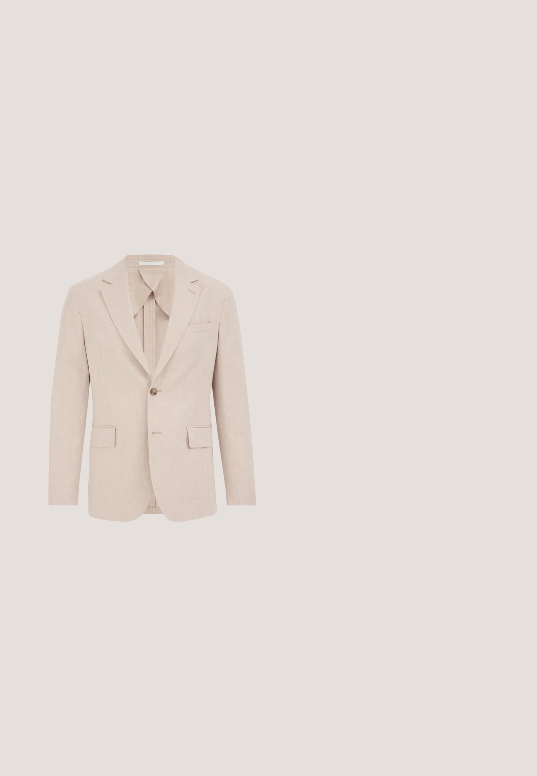 Beige linnen blazer met een notched lapel, enkele knoopsluiting en twee voortassen. Glad oppervlak met een subtiel patroon.; Beige polo met korte mouwen, geribbelde boorden en zoom, twee knoopjes bij de kraag en GANT-merkembleem aan de binnenkant van de kraag.; Broek in een lichtbeige stof met een geruit patroon in donkerbruin en marineblauw, met een rechtlopende snit en een standaard tailleband.; Bruine leren herenschoenen met zwarte zool en veters, voorzien van gestructureerde zijpanelen en een lage hak, zijaanzicht.; Michael Kors SMALL GEO TIE - Stropdas - pink; Bruine leer met textuur riem met zilveren rechthoekige metalen gesp, nette opgerold op een witte achtergrond.