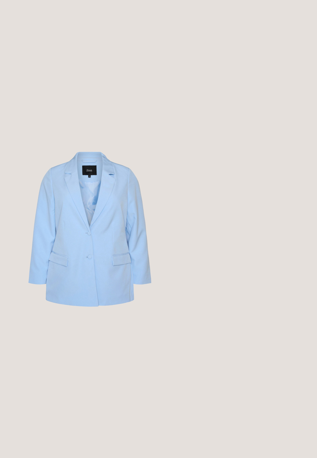Lichtblauwe damesblazer met inkeping revers, twee knopen voorop, klepzakken en een zwart merklabel binnenin de kraag.; Blauwe geribde gebreide trui met driekwartmouwen, ronde halslijn en een licht gebogen zoom. De textuur is glad met verticale lijnen.; Gestreepte blauwe button-up shirt met een zak met de tekst "STUDIO UNTOLD", klassieke kraag en lange mouwen.; Lichtblauwe cropped broek met een elastische tailleband, met een losse pasvorm en een gladde denimtextuur. Geen zijzakken zichtbaar.; Lichtblauwe suède sneaker met witte veters, twee witte zijstrepen, een witte gevoerde hiel en een bruine rubberen zool.; Lichtblauw suède handtasje met lange schouderbanden, rechthoekige vorm en ritssluiting, met het merk "Liebeskind Berlin" in het midden aan de voorkant.