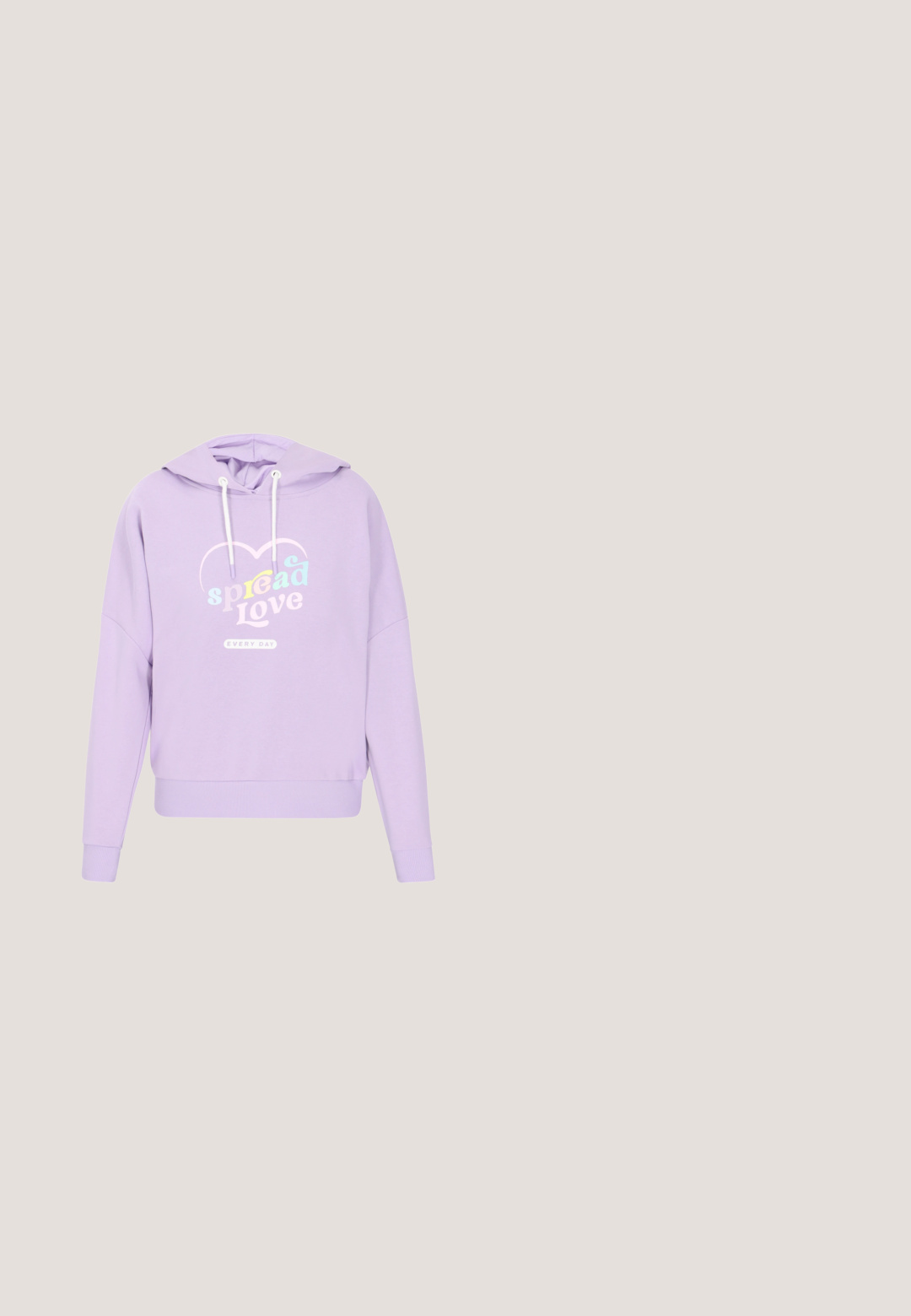 Lilafarbenes Hoodie mit einer Kordelzugkapuze. In der Mitte befindet sich ein farbenfrohes "Spread Love"-Grafikdesign sowie gerippte Bündchen und Saum. Weicher Stoff, lässiger Schnitt.; Helleblaues Baumwollblusenoberteil mit Rüschensäumen, V-Ausschnitt und gerafftem Bund. Strukturierter Stoff mit horizontalen Streifen und Spitzenakzenten.; Hellvioletter, gerippter Strick-Bleistiftrock mit hoher Taille und knielangem Saum.; Weißer klobiger Sneaker mit dicker Sohle, verziert mit pastellrosafarbenen, orangen und blauen Schmetterlingsapplikationen an den Seiten und der Ferse.; Juicy Couture Plus JODIE - Handtasche - violett; Drei Stoffhaaraccessoires: hellblau mit Blumenmuster, sanft beige mit Blumen und rosa mit floralen Designs, jeweils mit Bandschwänzen.