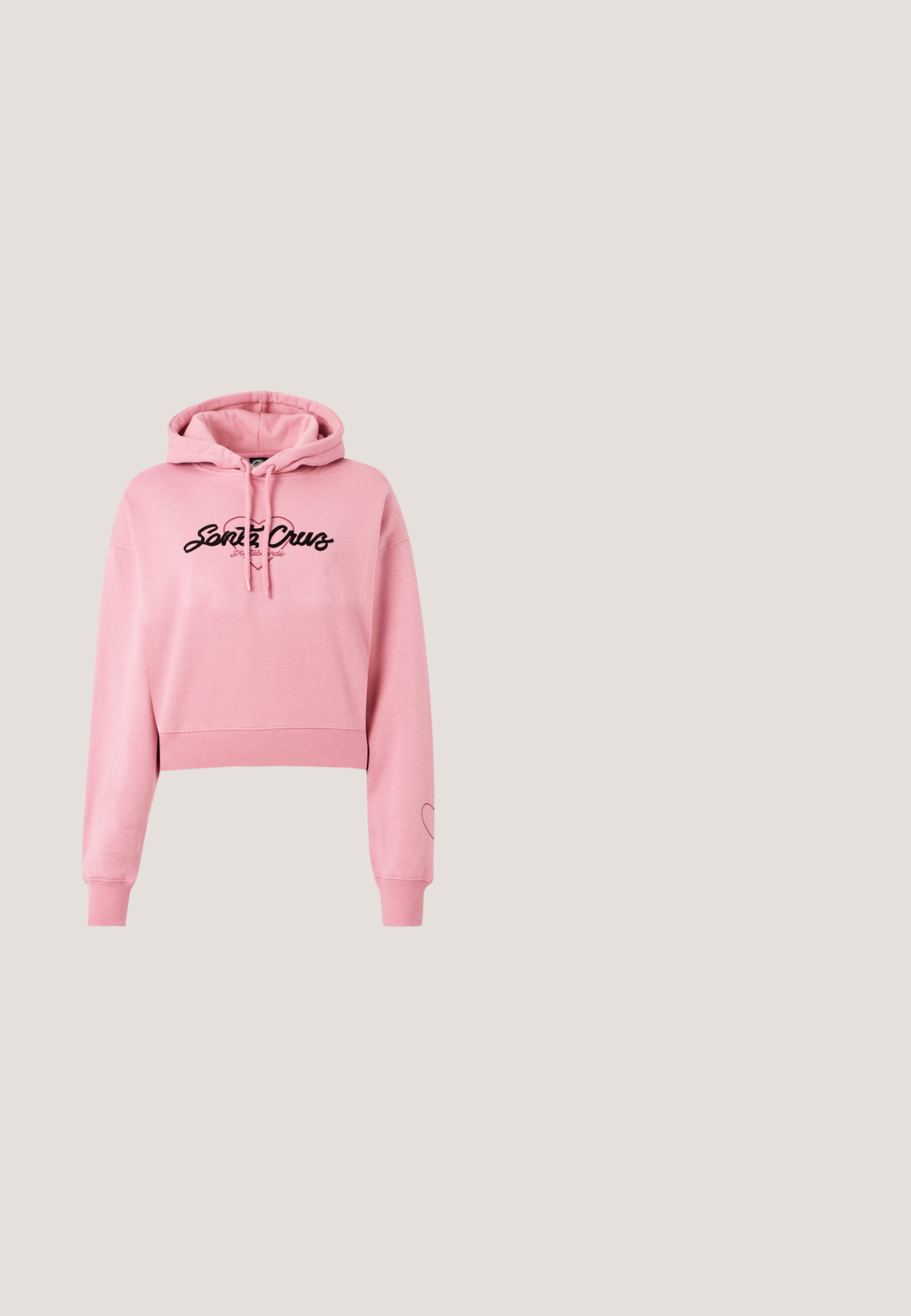 Haut court rose en matériau doux, avec un logo noir au design en coeur, des manches longues et des poignets côtelés.; T-shirt en coton blanc avec l'inscription « SKI BUNNY » en lettres en fausse fourrure rose en relief. Manches courtes et col rond.; Pantalon de survêtement large rose avec coutures avant, taille élastique et cordon de serrage, présenté sur un fond blanc uni.; Baskets en suédine rose avec une semelle en gomme, caractérisées par un bout arrondi, un design à lacets et un accent blanc contrastant au niveau du talon.; Petit sac à main à la forme courbée présentant un motif floral rose et orange et une bandoulière unique sur fond uni.; Paire de boucles d'oreilles créoles argentées brillantes avec fermoirs en fil fin, présentée sur un fond gris clair.
