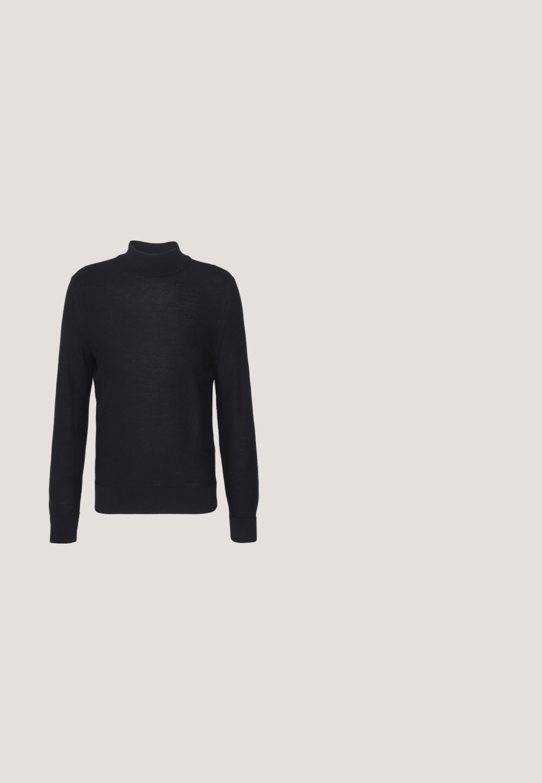 Suéter negro de cuello alto hecho de una tela ligera, con mangas largas y puños y dobladillo acanalados. Branding tonal sutil en el pecho.; BOSS CRAIG - Camisa - medium beige; Pantalones de pierna ancha en beige, fabricados con tejido suave, que cuentan con dos bolsillos frontales, un cierre de botón y detalles de pliegues a lo largo de las piernas.; Zapato mocasín de cuero negro suspendido sobre una alfombra beige con muebles modernos de color ámbar en el fondo.; Bolso bandolera negro con correa ajustable, bolsillo delantero con cremallera, herrajes plateados y logo triangular de Guess en material texturizado.; Cinturón de cuero negro con una hebilla rectangular de metal plateado. Presenta una textura suave y un diseño sencillo, con un extremo puntiagudo.