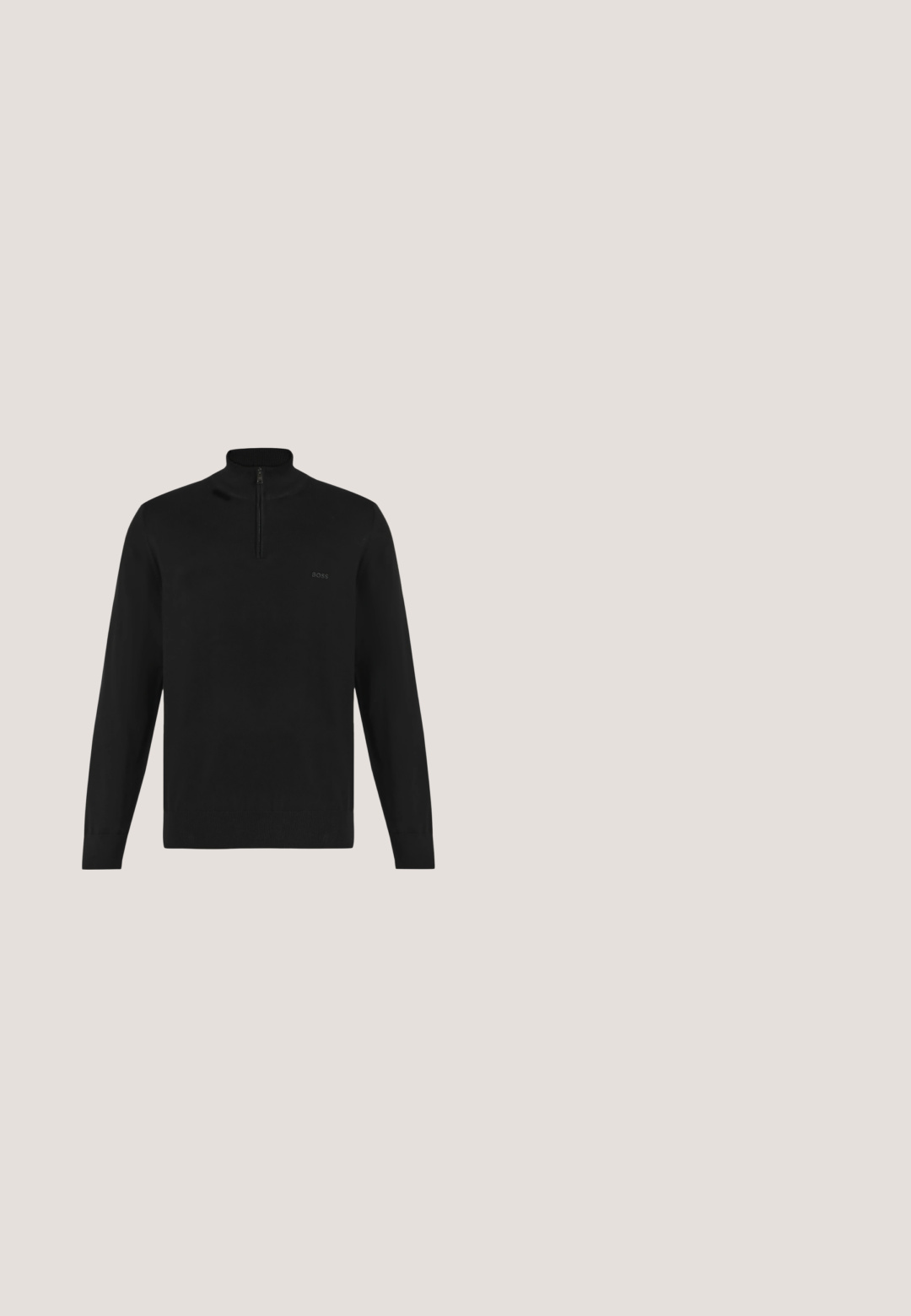 Zwarte trui met lange mouwen, hoge kraag en halve rits, geribde manchetten en zoom, met klein "BOSS" logo op de linkerborst.; Wit overhemd met lange mouwen in een blauw geruit patroon. Voorzien van een klassieke kraag en een borstzak. Gladde stof met een gestructureerde pasvorm.; Beige cargoshorts van een gestructureerde stof, met zwarte gaasaccenten, een elastische tailleband en zijzakken met ritsen.; Beige suède loafer met moc-toe stiksel, veterdetail, gesegmenteerde zool en Calvin Klein-logo op de zijkant en hielbandje.; Heldere acetaats zonnebril met donkergroene lenzen, rechthoekige vorm en zwart getinte armen met een glanzende afwerking en logo-detail.; Zwarte leren aktetas met dubbele handvatten, voorvak met rits en verstelbare schouderriem, voorzien van een subtiel "BOSS"-logo aan de voorkant.