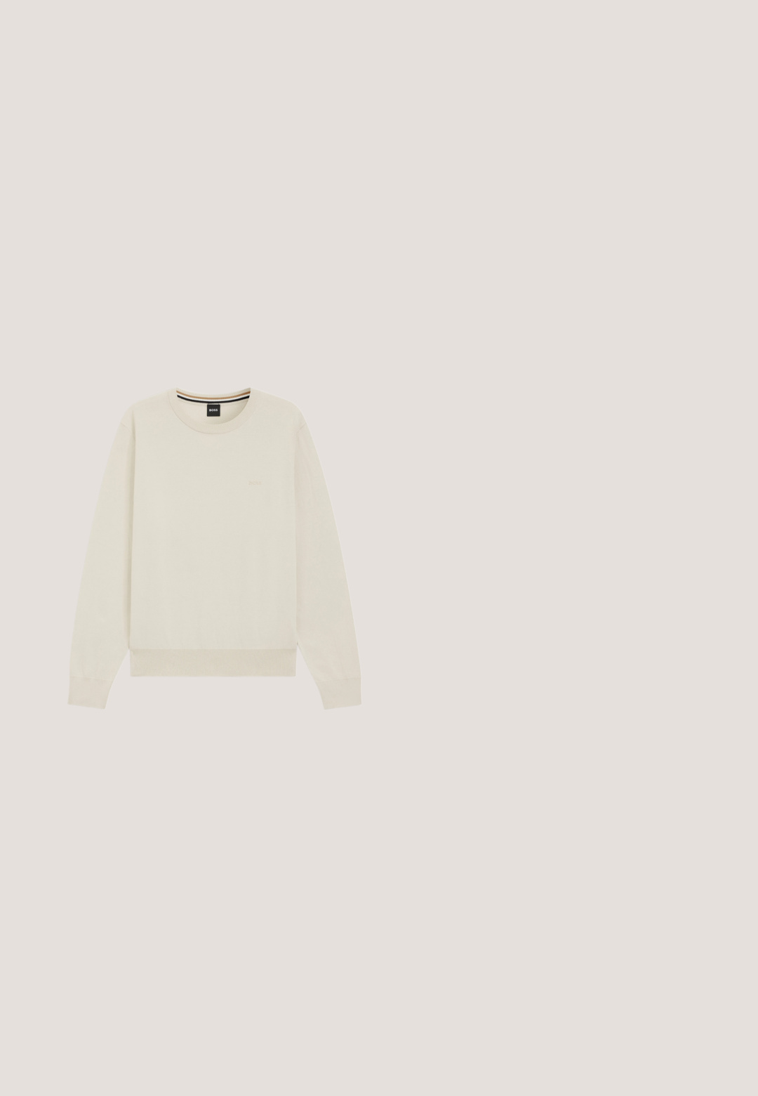 Sweat-shirt beige clair à col rond en tissu doux, doté de poignets et d'un ourlet côtelés, avec un logo discret sur la poitrine.; Chemise blanche à manches longues avec boutons, fines rayures verticales noires, deux poches poitrine à boutons à l'avant, et col pointu.; Pantalon beige léger avec une coupe décontractée. Il présente une taille élastique avec un cordon de serrage et des poches latérales. Texture lisse et sans motifs.; Mocassin homme en daim marron clair avec détail pompon et semelle en caoutchouc crème, vue de côté sur fond uni.; Petit sac bandoulière taupe avec sangle réglable et poche à rabat avant ornée d'un logo crocodile argenté.; Ceinture en daim de couleur marron clair, avec une texture lisse et une boucle en métal argenté. Présente cinq trous et des bords cousus pour une meilleure durabilité.