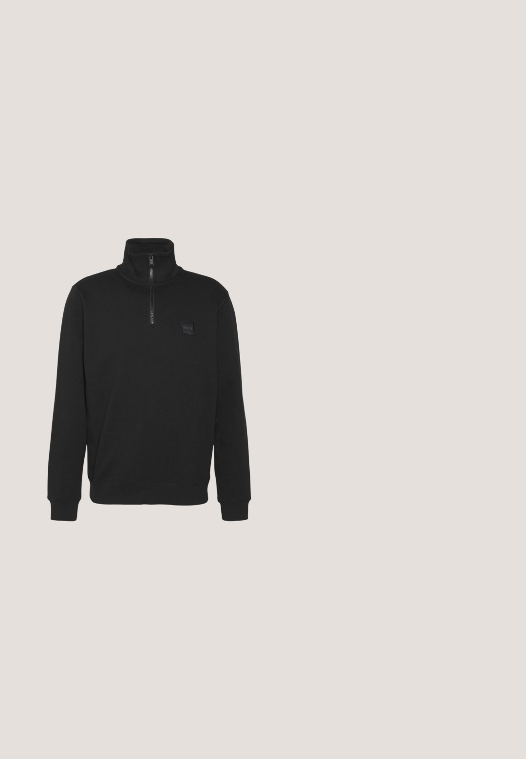 Schwarzer Pullover mit hohem Kragen und halbem Reißverschluss an der Vorderseite. Verfügt über ein strukturiertes Logopatch auf der Brust, gerippte Bündchen und Saum.; Schwarzes Poloshirt mit kurzen Ärmeln, einer Drei-Knopf-Leiste und rotem rechteckigem Hugo-Logo auf der linken Brustseite und innen am Kragen.; Schwarze Sweatpants aus weichem Stoff, mit einem Kordelzugbund, schmaler Passform und einem rotenLOGO-Patch am linken Oberschenkel.; Schwarzer Sneaker mit niedrigem Schaft, schwarzer Sohle, schwarzen Schnürsenkeln, roten Zuglaschen und großem schwarzem "HUGO"-Schriftzug an der Seite.; Schwarze rechteckige Sonnenbrille mit grauen Verlaufsgläsern. Mit roten Akzenten an den Bügeln und einem glatten Kunststoffrahmen.; Schwarze Nylon-Crossbody-Tasche mit einem roten rechteckigen Logo-Patch, Reißverschlussfächern, verstellbarem Schultergurt und strukturiertem Material.
