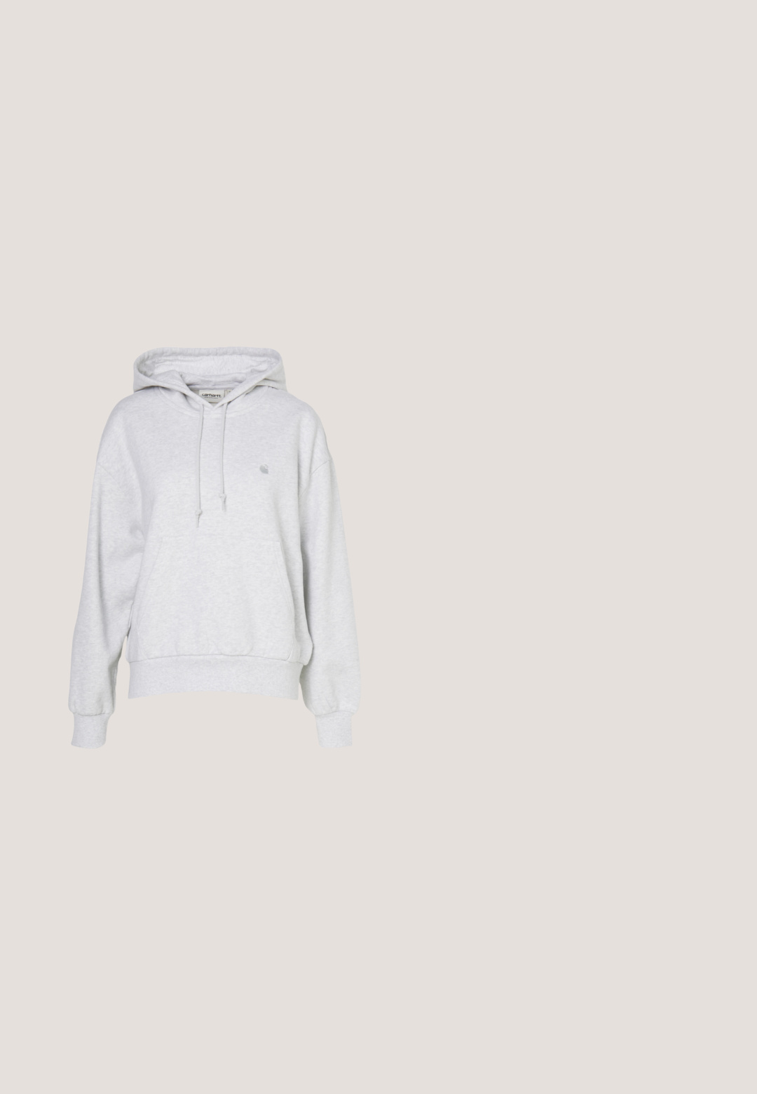 Carhartt WIP HOODED CASEY - Kapuzenpullover - ash heather/silver; Weißes Baumwoll-T-Shirt mit V-Ausschnitt und kurzen Ärmeln. Mit kleinem schwarzem Logo auf der linken Brust. Glatte Textur. Keine Muster.; Graue weit geschnittene Hosen mit einem Kordelzug am Bund, präsentiert vor einem schlichten weißen Hintergrund.; Weißer Sneaker mit niedrigem Schaft, durchlöchertem geometrischem Muster, gelbem Akzent an Ferse und Seite sowie weißer Gummisohle.; Hellblauer, strukturierter Tragetasche mit doppelten Schulterriemen und kleinem metallischem G-Star-Logo in der Mitte vorne.; Silberne herzförmige Vorhängeschlösser mit eingravierten "JA"- und "NEIN"-Texten, polierte Oberfläche, symmetrisches Design und einem robusten Metallverschluss.