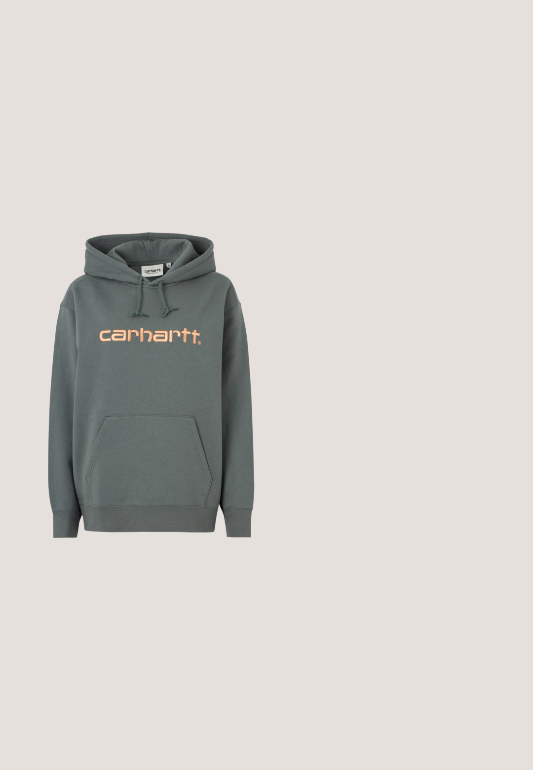 Mikina s kapucňou v tmavosivej farbe, vybavená klokankovým vreckom, rebrovanými manžetami a ružovým logom "carhartt" na hrudi. Kapucňa s nastaviteľným šnúrkami.; Krátky rukáv, rebrovaný crop top s ľahko modrými a bielymi horizontálnymi pruhmi, okrúhly výstrih, zobrazený na jednoduchom pozadí.; Bežové ľahké nohavice s elastickým pásom, zúženými manžetami a hladkou textúrou, s voľným strihom a bez viditeľných vzorov alebo ozdôb.; Biele kožené tenisky s čiernymi pruhmi, gumová podrážka, okrúhla špička, šnurovanie a mäkký sivý semišový špička.; Sivý vypolstrovaný ramenný vak s zakriveným tvarom, hladkou textúrou, nastaviteľným popruhom a jemne embosovaným logom vpredu.; Strieborné kruhové náušnice s hladkým, lesklým povrchom. Obľúbený tvar, vybavené bezpečným zapínaním. Jednoduchý a elegantný dizajn.