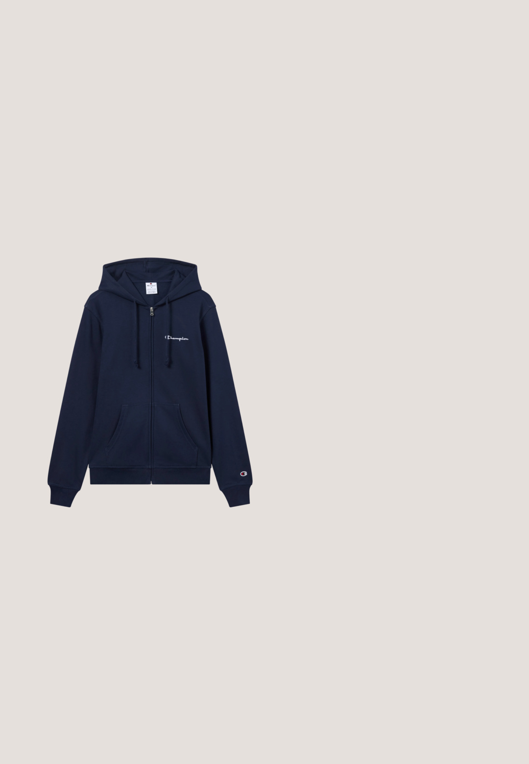 Sudadera con capucha y cremallera en mezcla de algodón suave de color azul marino, con un bolsillo delantero, capucha con cordón y logo bordado "Champion" en el pecho.; Camiseta deportiva sin mangas de color azul marino con logo de Champion en blanco centrado en el pecho, con paneles de malla en los hombros y laterales.; Bañadores azul marino hechos de tejido ligero, con una cinturilla elástica y dos bolsillos laterales para almacenamiento.; Zapatilla de correr de malla azul marino y gris con suela blanca, cordones azul marino y logo de dos figuras sentadas en el lateral.; Gafas de sol mate azules con lentes rectangulares, montura resistente y una notable marca en las patillas. Puntas texturizadas para un ajuste cómodo.; Pequeño estuche rectangular azul marino con bolsillo frontal con cremallera y tiradores de cremallera negros, con un pequeño logo geométrico gris claro.