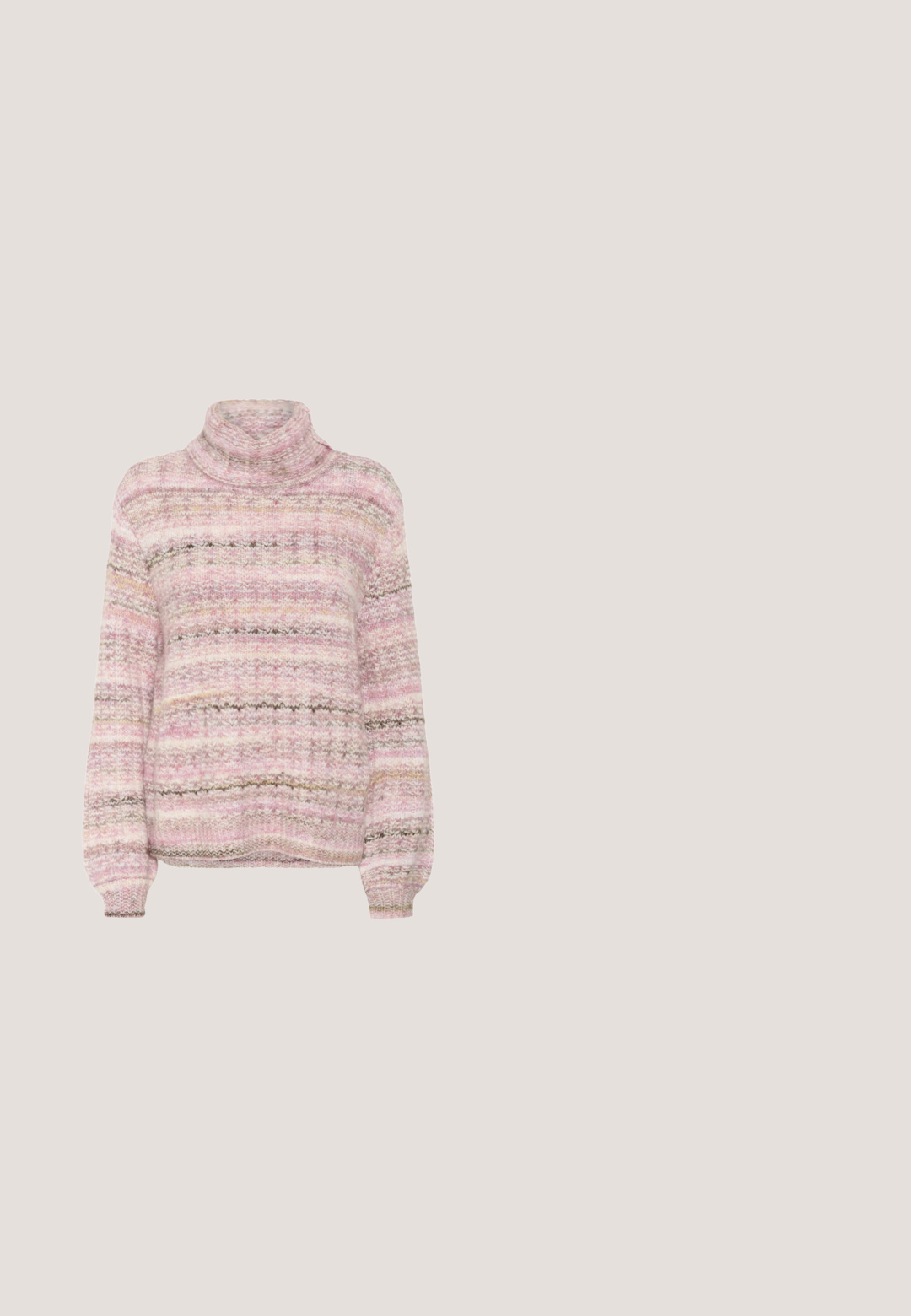 Strick-Turtleneck-Pullover in zartem Rosa mit mehrfarbigen Streifen. Verfügt über gerippte Bündchen und Saum, eine weiche Textur und eine lockere Passform.; Rosa Kordjacke mit langen Ärmeln, zwei Brusttaschen und braunen Knöpfen. Sie verfügt über einen klassischen Kragen und einen strukturierten, gerippten Stoff.; Lila, dehnbare Hosen mit glatter Textur, ausgestattet mit einem breiten Bund und geradem Bein-Design. Keine sichtbaren Taschen oder Verzierungen.; Rosa Wildlederschuh mit weißen Lederakzenten, Schnürdesign und einer Sohle aus Gummirubber. Glatte Textur und Elemente im Retro-Stil sind vorhanden.; Kleine rosa strukturierte Handtasche mit silberner herzförmiger Metallschnalle und angebrachtem silbernem Kettenriemen auf weißem Hintergrund.; Polierte Silberschmuckring, glatte abgerundete Kanten, breites Design, reflektierende Oberfläche, einheitliche Form, minimalistisch ohne Verzierungen.