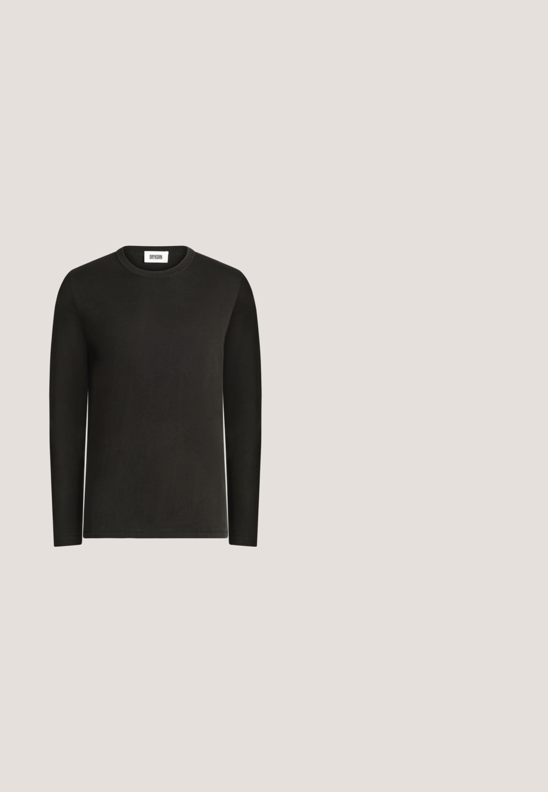 Chemise noire à manches longues avec col rond et une petite étiquette blanche portant la mention Drykorn à l'intérieur du col, présentée sur un fond clair.; The Kooples COUPE DROITE - Chemise classique - white; Pantalon habillé couleur beige avec poches avant, jambes droites, passants pour ceinture et un pli marqué au centre de chaque jambe.; Chaussure habillée en cuir marron, à la finition lisse, au bout rond et au laçage. Équipée d'une semelle en caoutchouc noir robuste avec une bonne traction.; Lunettes de soleil rectangulaires noires Tom Ford avec des verres foncés et des accents dorés en forme de T sur les branches reposant sur une surface blanche.; Ceinture en cuir brun avec une boucle en métal argenté présentant un design en relief. Texture plate et lisse avec une extrémité effilée et un détail de logo subtil.