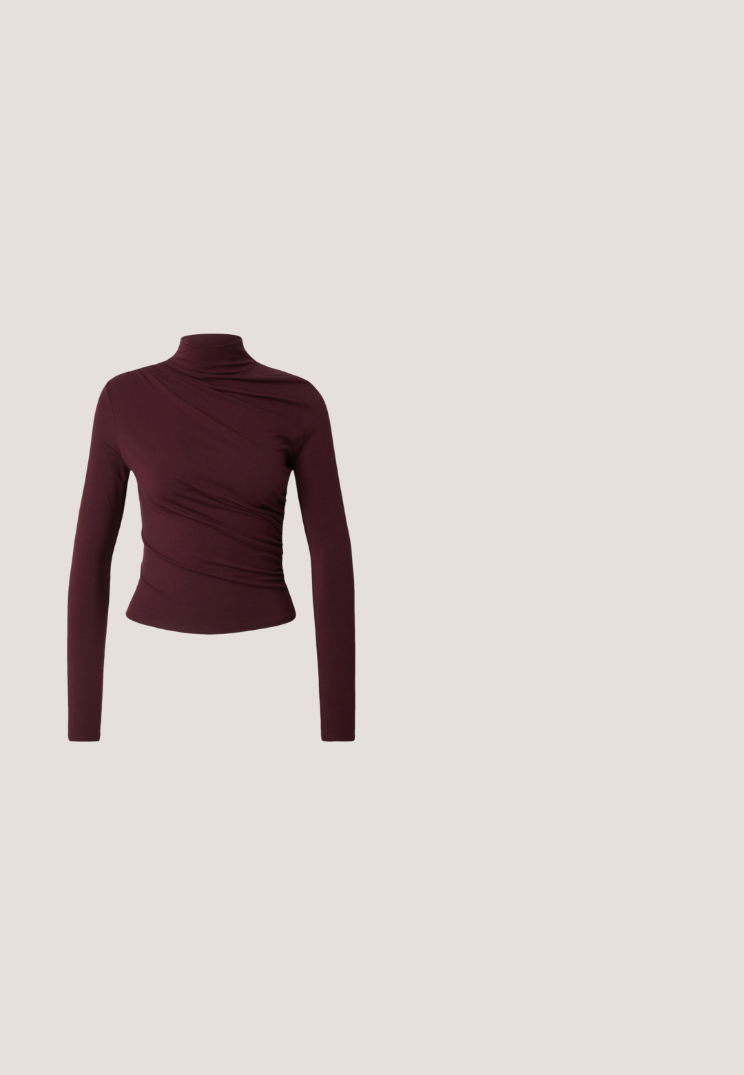 EDITED Longsleeve - rot; Mouwloze donkerbruine blouse met diepe V-hals, brede kraag en geplooid gerimpeld detail aan de voorkant in het midden.; Donkerbruine rechte broek met tailleband, riemlussen, knoopsluiting en centrale kreuklijnen op een witte achtergrond.; Bianco Kitten heels BIAKRISTIN - Klassieke pumps - burgundy; Bordeaux cat-eye zonnebril met donkere lenzen, gladde kunststof montuur en gouden accenten aan de zijkanten. Stijlvol en hoekig ontwerp.; Donkerpaarse leren handtas met een gestructureerd ontwerp, dubbele handgrepen, gouden beslag en een platte klep met een sluiting en sleutelhangerdetail.