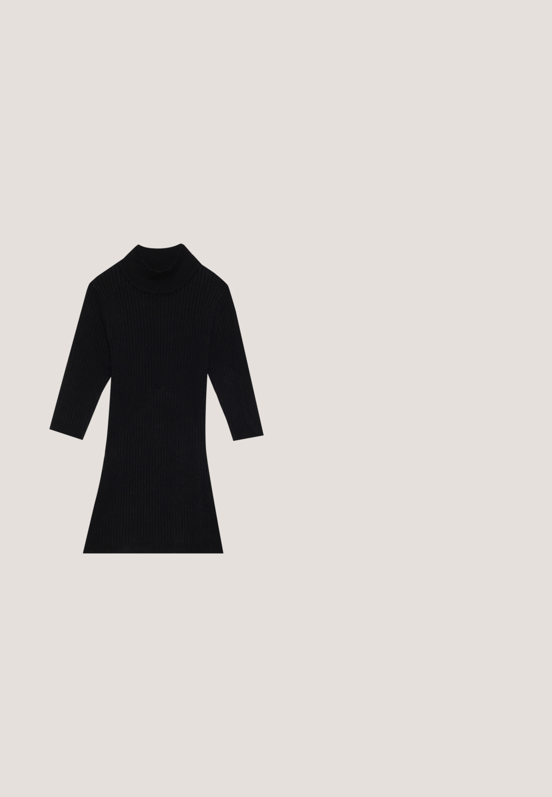 Schwarzes geripptes Strickkleid mit hohem Kragen und dreiviertel Ärmeln, das eine taillierte Silhouette besitzt und am Saum ausgestellt ist.; Himmelbluse mit vertikalen weißen Streifen, Mandarin-Kragen, gefältete Schultern und langen Ärmeln mit geknöpften Manschetten. Glatte Stoffoberfläche.; Schwarzer Midirock mit kunstvollem floralen Spitzensaum, gewellten Kanten und einem glatten oberen Stoffabschnitt.; Schwarzer Loafer aus Lackleder mit klobiger Sohle und Quasten-Detail, im Seitenprofil vor schlichtem weißem Hintergrund dargestellt.; Braune Farbverlauf-Sonnenbrille mit einem durchscheinenden rosa Rahmen, quadratischer Form und dünnen Metallbügeln. Verfügt über abgerundete Kanten und minimale Details.; Beige Canvas-Einkaufstasche mit zwei oberen Griffen, verstellbarem Schultergurt, zwei Seitentaschen und Calvin Klein Logo-Tag auf der vorderen linken Seite.