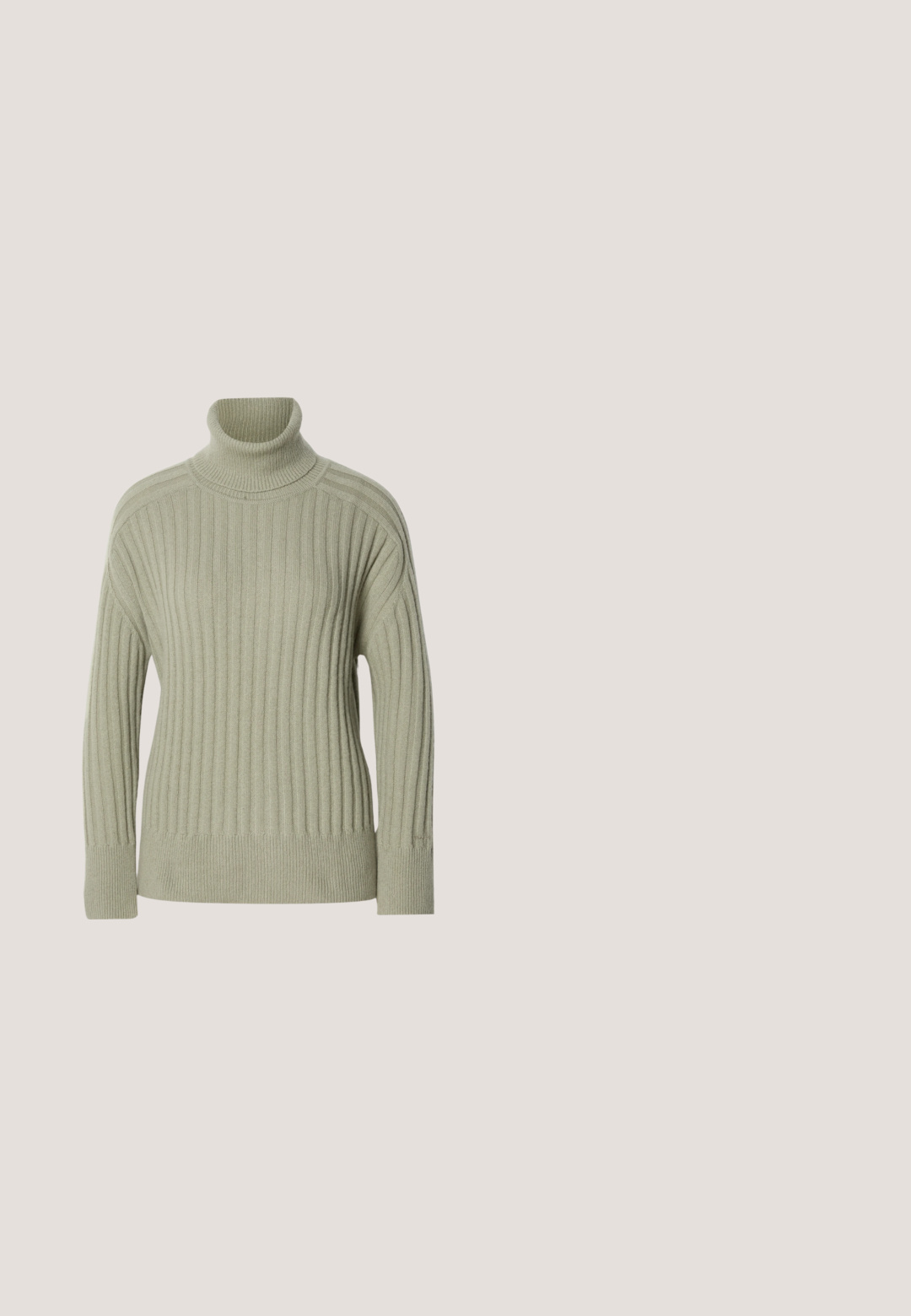 Lichtgroene coltrui gemaakt van ribgebreid stof. Design met vallen schouders, minimale naaddetails en lange mouwen.; Beige langmouwen shirt met een grote puntige kraag, knopen aan de voorkant en brede manchetten. Gemaakt van een soepele, lichte stof.; Donkergroene wikkelrok van gladde stof, met een asymmetrische zoom en een naadloze tailleband voor een strakke uitstraling.; Zwarte leren balletschoenen met een spitse neus, platte zool en een kleine strap met een zilveren gespsluiting.; Groene leren schoudertas met een gebogen ontwerp, met een ritsvak aan de voorkant en extra zijvakken. Gladde textuur en minimale hardware.; Een paar middelgrote glanzende zilveren oorringen met dunne metalen sluitingen op een lichte neutrale achtergrond.