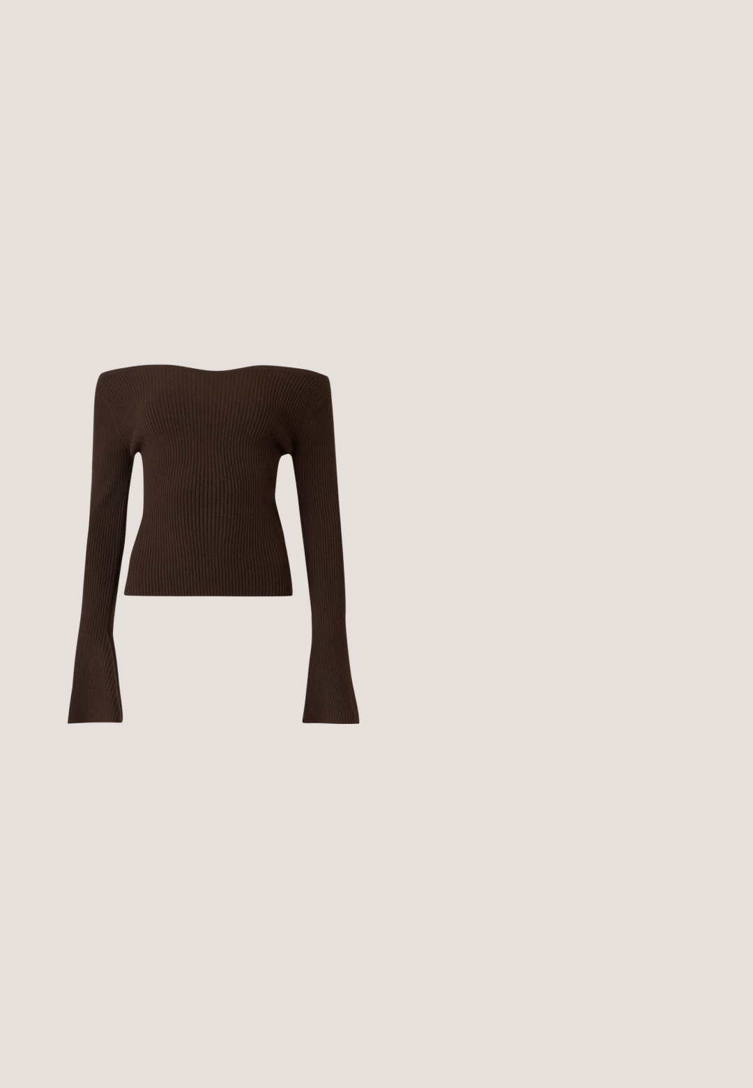Mørkebrun ribstrikket off-shoulder top med lange ærmer, udvidede manchetter og tætsiddende pasform.; Brun, ærmeløs vest med knapper, rund halsudskæring og skræddersyede sømme, med seks knapper foran, hvoraf den ene er lysere i farven.; Mørkebrune vidde bukser med høj talje og guldfarvede knapper på taljebåndet mod en hvid baggrund.; Spidse mule-sko med leopardprintet overdel og lav sort kitten-hæl på en lys baggrund.; Brun lakeret håndtaske med rektangulær form, to lange håndtag og subtile buede detaljer på fronten.; Et par glansende brune dråbeformede øreringe med subtile mørkere mønstre på en hvid baggrund.