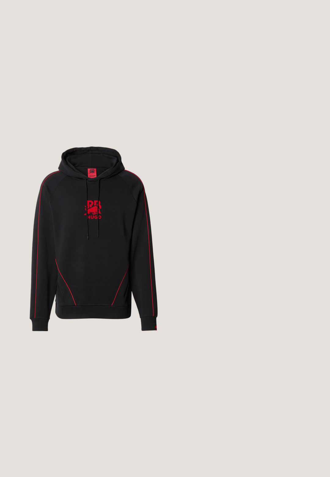 Sweat à capuche noir avec passepoil rouge sur les manches et les poches frontales, logo rouge et texte "HUGO" centré sur la poitrine, cordons de serrage sur la capuche.; Veste noire zippée à manches longues avec col, deux poches avant à rabat et logo HUGO visible sur la poche droite.; Shorts en denim gris avec revers retroussés, bouton à l'avant, passants pour ceinture, poches avant et petite poche-monnaie avec une petite étiquette rouge.; Baskets montantes noires avec une tige en daim et tissu, une quincaillerie argentée, une fermeture à lacets et une semelle en caoutchouc texturée. Accent rose sur le talon.; Lunettes de soleil carrées noires avec des verres foncés. Fabriquées en plastique, avec des côtés texturés et un design minimaliste. Détails près des charnières.; Sac en nylon noir à bandoulière avec un patch logo rectangulaire rouge, des compartiments zippés, une sangle ajustable et une surface texturée.