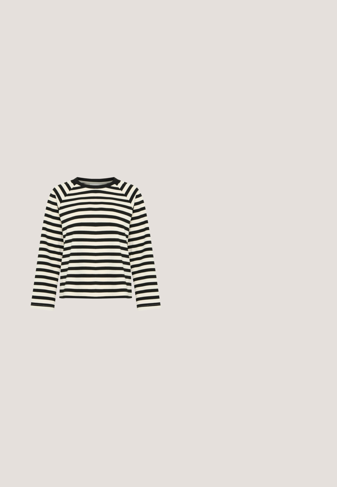 Sort-hvid stribet langærmet top med rund hals og raglanærmer; lavet af glat stof med kontrasterende sort kant.; My Essential Wardrobe MWSILLE HACE - Skjortebluser - black; Sorte shorts med en glat stofkvalitet, skræddersyet design, mellemhøj talje og to forlommer. Har bæltestropper og en ren søm.; Sort-hvid lavtop-sneakers med hvide snørebånd og en hvid stribe detaljer på siden, set fra den indvendige side.; Sort læderhåndtaske med trekantet form, enkelt håndtag og klaplukning. Glat tekstur og minimal syningsdetalje.; Sort perlearmbånd med glinsende runde perler i graderet størrelse og sølvjusterbar kæde med lås på hvid baggrund.