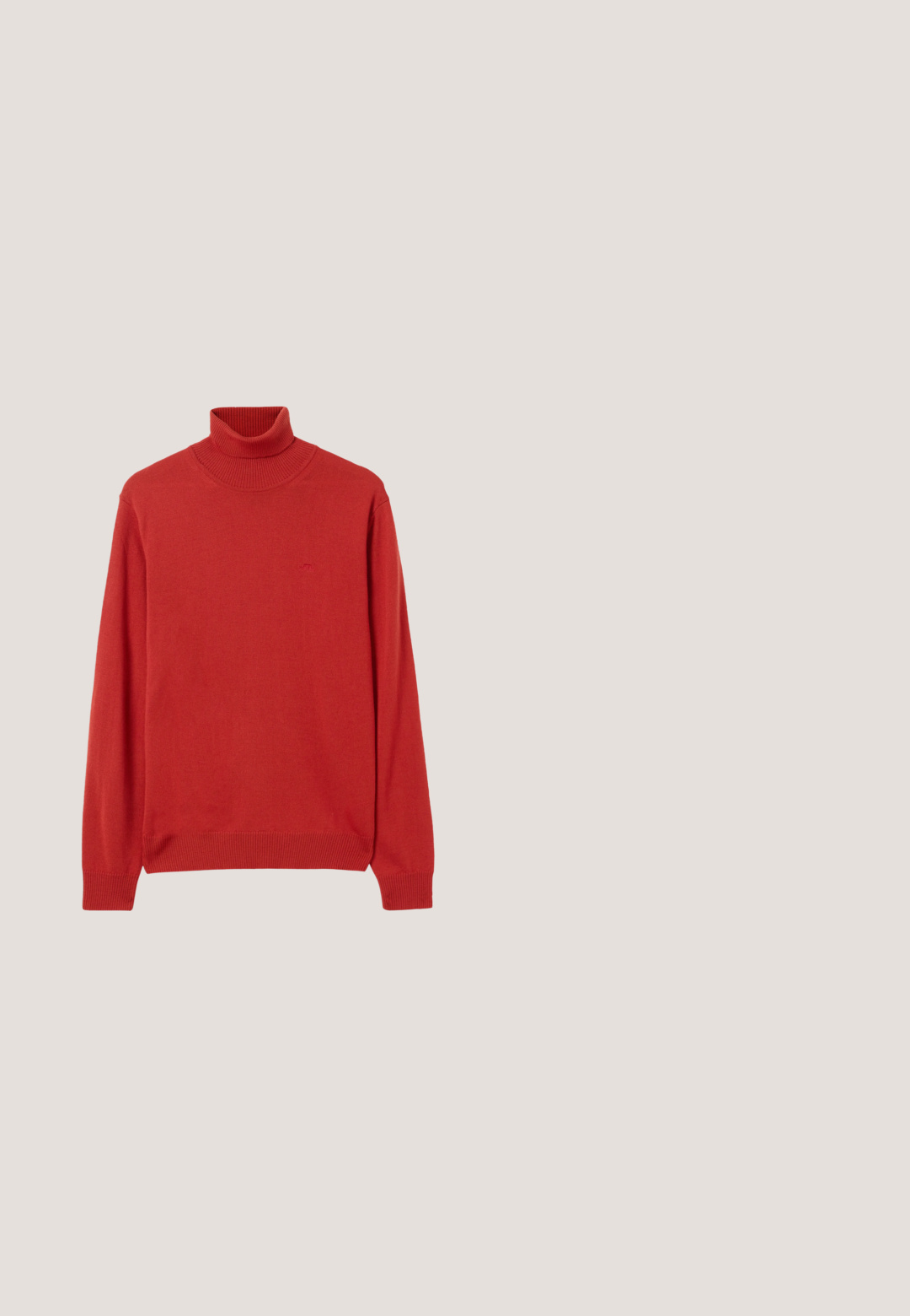 Punane kudum turtleneck särk pikemate varrukkatega, ribakraega ja mansettidega. Rinna peal on õrn logo. Sile tekstuur.; Hele sinine särgike, pika varrukaga, kraega, valmistatud tekstuurse kangaga, beežide nööpide ja väikese rinnal oleva logoga.; Kreemjad pleedid püksid sirge lõikega, valmistatud siledast kangast. Omavad eesmist nööp sulgemist ja küljetaskuid.; Meeste mustast nahast loafer mokk-õmbluste ja reguleeritava rihmaga jala peal, näidatud külgprofiilis heledal taustal.; Musta õhuke lips, mis on valmistatud siledast kangast, on sirgelt laotatud heledale taustale.; Must mustrihihind, millel on sile viimistlus, hõbedast tooni ristkülikukujuline klamber ja kontrastse pruuni sisekattega.