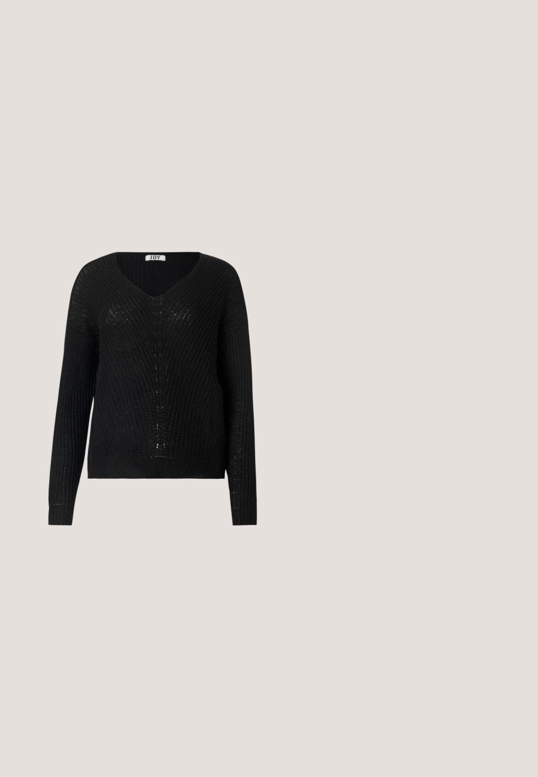 Pull noir en tricot avec un col en V, manches longues et coupe décontractée. La texture présente un motif de tissage ouvert subtil.; Caraco en satin noir avec bordure en dentelle florale beige sur le buste, les côtés et fines bretelles réglables.; Jean en denim gris foncé à jambe droite avec une légère décoloration sur les cuisses et un design standard à cinq poches sur fond blanc.; Talons aiguilles blanches à bout pointu avec une fine sangle à la cheville. Matériau en cuir lisse, talon aiguille fin et doublure intérieure noire.; Haut sans manches en tricot noir à côtes avec un large décolleté carré et de longues bretelles, posé à plat sur un fond blanc.; Ceinture en cuir noir avec une boucle en métal argenté, présentant une texture lisse et un design classique. La sangle mesure 3,8 cm de large.