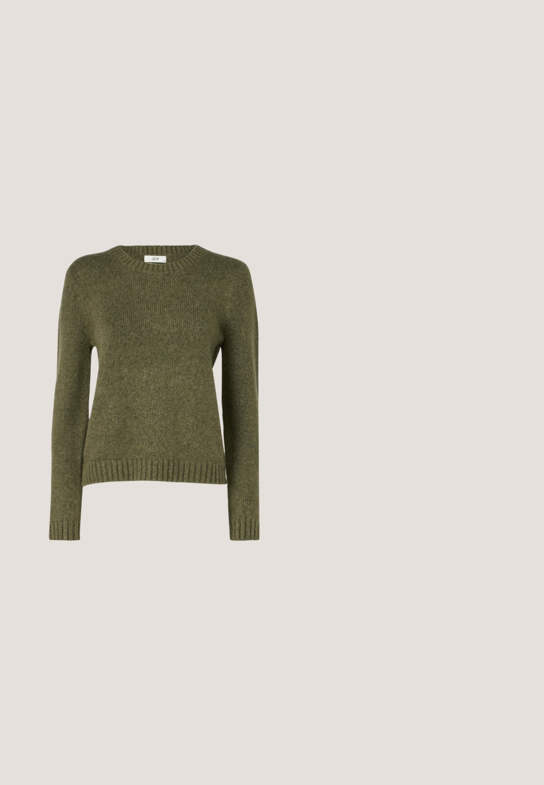 JDY Knitted JDYSILJA Knitted - Trui - winter moss; Olijfgroene corduroy shirt jas met een kraag, lange mouwen, zilveren knopen en een verticale ribbelstructuur.; Olijfgroene cargopantalons met een hoge taille, brede benen en twee grote zijzakken. Gemaakt van soepel materiaal met een knoopsluiting.; ONLY SHOES ONLSIBU-1 RETRO - Sneakers laag - brown/black; Beige leren handtas met dubbele handvatten, messing gesps en klinknagel details, en een verstelbare schouderriem tegen een witte achtergrond.; Zilveren oorbellen in de vorm van een gladde, glanzende ring. Circulaire vorm, voorzien van een veilige sluiting. Eenvoudig en elegant ontwerp.