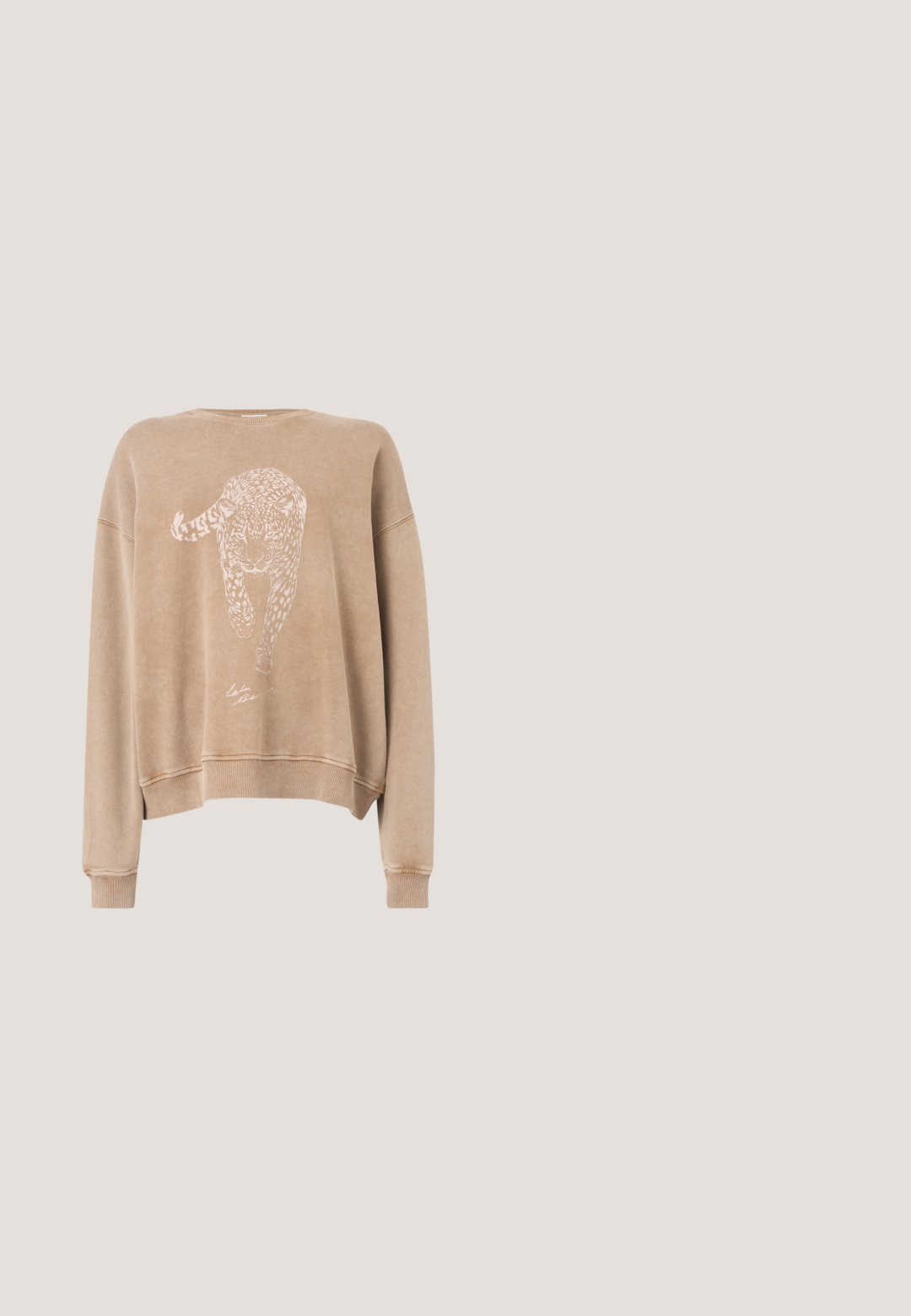 Sweat-shirt beige à col rond, manches longues et poignets côtelés. Présente un imprimé graphique léopard blanc sur le devant et un design court.; T-shirt bleu clair à manches courtes avec un croquis blanc d'une fontaine de Paris et le texte « Fountains of Paris Galerie de Montpensier » sur le devant.; Shorts à taille élastique noire avec cordon de serrage, devant plat et poches latérales, présentés sur un fond clair uni.; Baskets à imprimé léopard avec un dessus texturé, des accents crème, des lacets blancs et une semelle en caoutchouc marron. Forme de bout arrondi et design basse.; Sac fourre-tout réutilisable beige clair avec des dessins colorés sur le thème de la mer et de la nourriture, comprenant un crabe, des coquillages, une fraise, une tranche de citron et des rubans.; Bracelet jonc en or avec six pierres précieuses bleues rectangulaires espacées uniformément autour du bracelet sur un fond neutre.