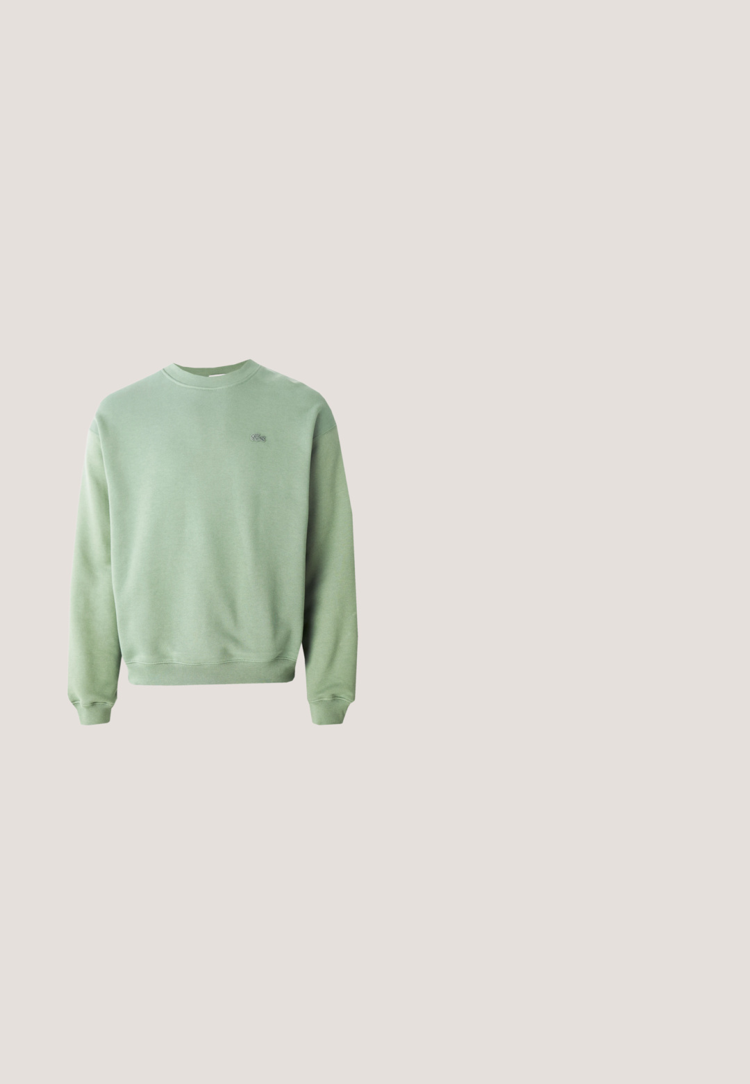Lichtgroene crewneck sweatshirt met lange mouwen en een klein geborduurd krokodillenlogo op de linkerborst.; Olijfgroene poloshirt van katoen, met een twee-knopen sluiting, korte mouwen en geborduurd logo op de linkerkant van de borst.; Donkergroene trainingsbroek met witte zijstrepen en een elastische tailleband, met een klein krokodillenlogo op de rechterdij.; Witte en beige lage sneaker met groene accenten op de zool en een groen krokodillenlogo aan de zijkant, weergegeven op een effen witte achtergrond.; Zwart rechthoekig etui met ritssluiting, gemaakt van gestructureerde stof en met een klein groen Lacoste krokodillenlogo aan de rechtervoorzijde.; Zilveren kettingarmband met een groene krokodillenlogo bedel en een karabijnsluiting op een lichtgrijze achtergrond.