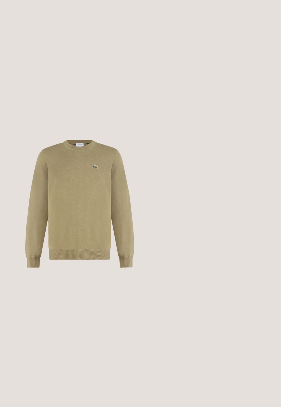 Beige langærmet crewneck-trøje med ribkanter ved ærmer og kant, med en lille grøn broderet krokodillelogo på venstre bryst.; Sort langærmet crew neck skjorte med lille grønt krokodillelogo på venstre bryst, vist mod en ensartet lys baggrund.; Grønne sweatpants lavet af blødt materiale; har en elastisk talje, tapered ben og et lille logo på siden.; Hvide lædersneakers med perforeret tå og et grønt krokodillelogo på ydersiden. Har flad sål og snørebåndsdesign.; Sort nylon crossover taske med glat tekstur, rektangulær form, frontlomme med lynlås og broderet logo.; Lacoste SPELT - Armbånd - silver-coloured