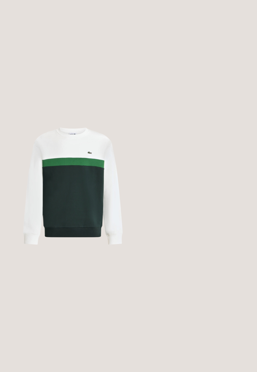 Sudadera con parte superior y mangas blancas, sección inferior verde oscuro y una franja horizontal verde a través del pecho con un pequeño logotipo de cocodrilo.; Camiseta de algodón negra con cuello redondo. Presenta un pequeño logo de Lacoste bordado en verde y blanco en el pecho. Mangas cortas, corte regular.; Pantalones cortos negros para hombre con cintura elástica, cierre de botón y longitud hasta la mitad del muslo mostrados sobre un fondo neutro.; Zapatillas deportivas negras con parte superior de cuero liso, perforaciones sutiles, logo de cocodrilo verde y marca "LACOSTE" en el talón.; Riñonera negra de nailon con una textura suave, cierre con cremallera y pequeño logo del cocodrilo verde de Lacoste en la parte frontal. Diseñada para un transporte ligero.; Lacoste STENCIL - Pulsera - gold-coloured