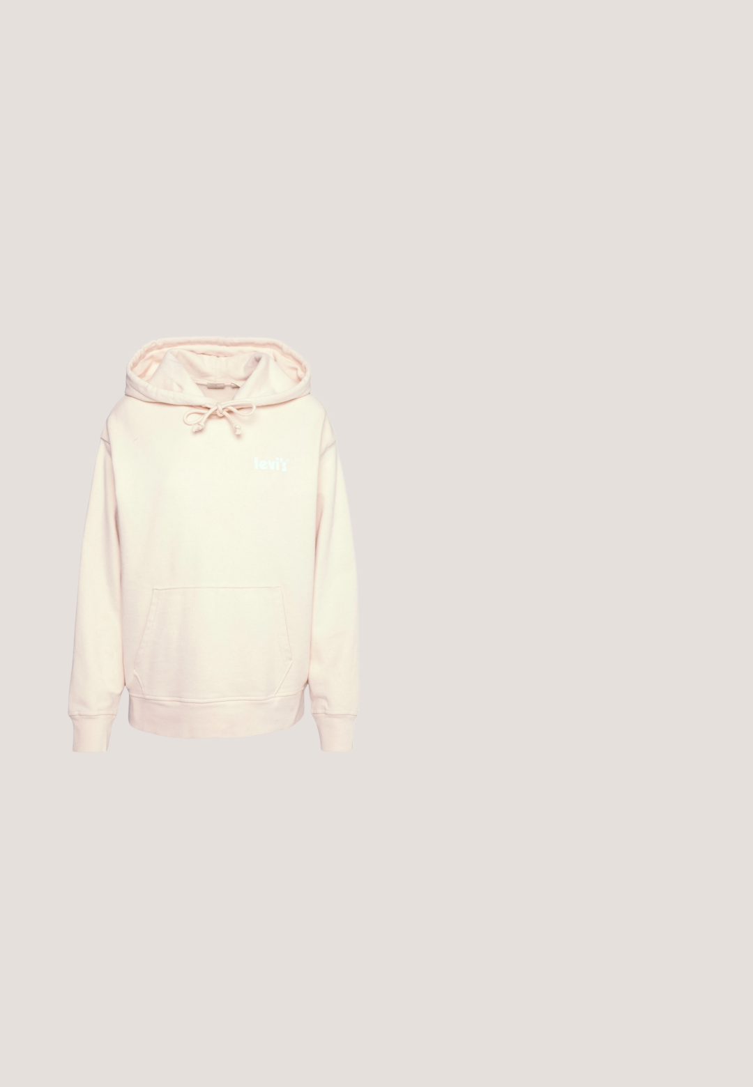 Sudadera con capucha rosa claro hecha de tela suave, con bolsillo canguro, capucha con cordón y un logo blanco de "levi's" en el frente.; Top corto de tirantes acanalado blanco con escote redondo y logo negro de "Von Dutch" en el centro. Fabricado en una mezcla de algodón elástico.; Denim blanco con una etiqueta de cuero que presenta texto en relieve, incluyendo "LEVI STRAUSS & CO.", y costuras detalladas en los bolsillos traseros.; Zapatillas de correr con parte superior de malla en gris claro y beige, con acentos en amarillo, suela acolchada y patrones texturizados en los laterales.; Gafas de sol sin montura, rectangulares con tinte rosa, con finas patillas metálicas doradas y almohadillas nasales ajustables sobre un fondo claro y liso.; Pendientes de aro dorados con una superficie texturizada y pequeños acentos redondeados. Diseño circular y cierre de tipo post-back.