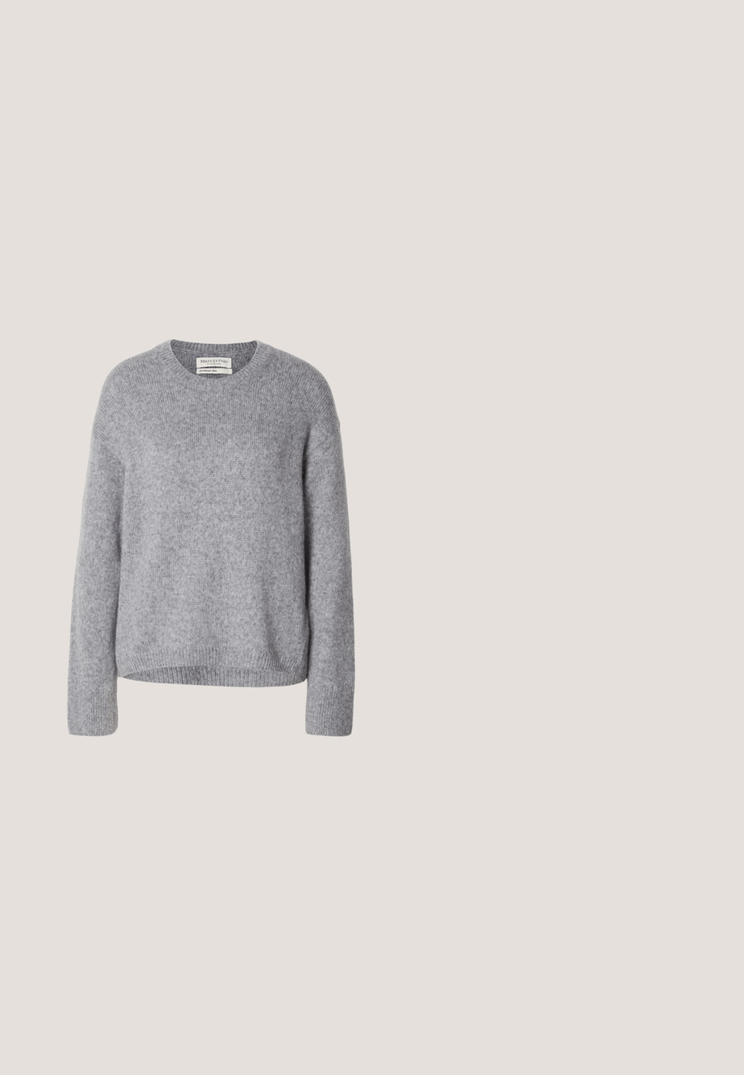 Lichtgrijze gebreide wollen trui met lange mouwen en geribde manchetten, zoom en ronde hals, gepresenteerd op een witte achtergrond.; Lichtblauw T-shirt met korte mouwen en ronde hals, met een klein geborduurd logo op de linkerborst en een label aan de binnenkant van de kraag.; Lichtblauwe denim kokerrok met een hoge taille, vijf-pocket ontwerp en subtiele stiksels langs de naden.; Lichtblauwe Adidas Tokyo sneaker met beige drie strepen, beige banden en een gum zool op een effen witte achtergrond.; Transparante beige zonnebril met bruine gradiëntlenzen, schuin geplaatst op een witte oppervlakte.; Bruine shearling-gevoerde jas, grijs V-hals t-shirt, zwarte riem met zilveren ovale gesp, zwarte strakke jeans, gestructureerde materialen en gelaagd ontwerp.