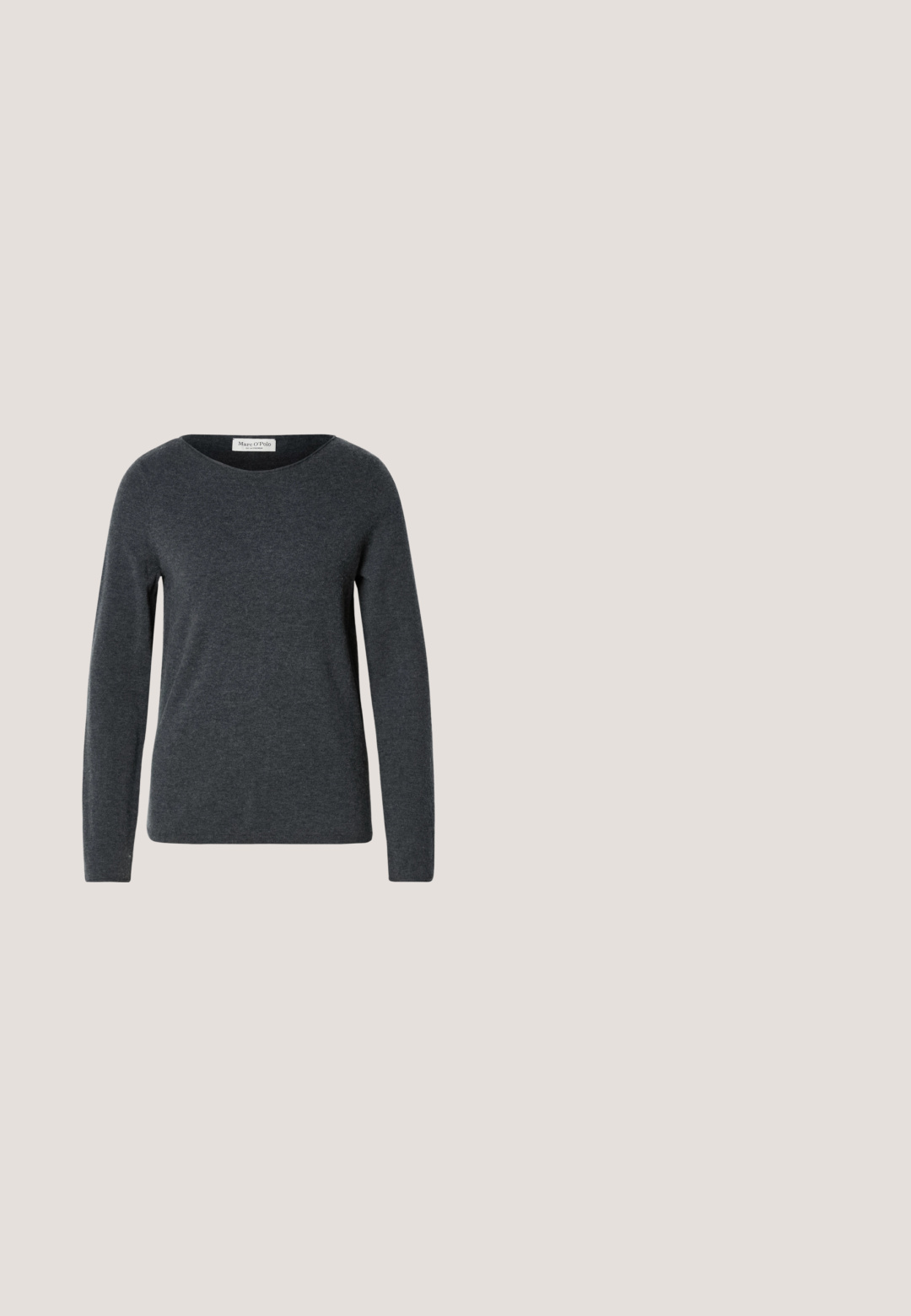 Mørkegrå langærmet sweater med rund halsudskæring, lavet af blødt stof. Har en glat tekstur og en almindelig pasform. Mærket label er synlig.; Grå uld blyantskirt med en glat tekstur og tætsiddende design, med en diskret talje og uden synlige udsmykninger.; Sort læder ankelstøvle med firkantet tå og kraftig blokhæl. Glat tekstur og minimalistisk design. Sidelukning for nem påklædning.; Sort lædertaske med to håndtag, en aftagelig rem, magnetisk flaplukning og en glat overflade. Lynlåslukning øverst og dekorative syninger.; Sølv hoop ørestik med en poleret overflade, prydet med små guld accenter og en rund form, båret på øreflippen.; Sort læderbælte med en glat overflade, der har en metal sølv spænde og en tilspidset ende. Enkel, klassisk design.
