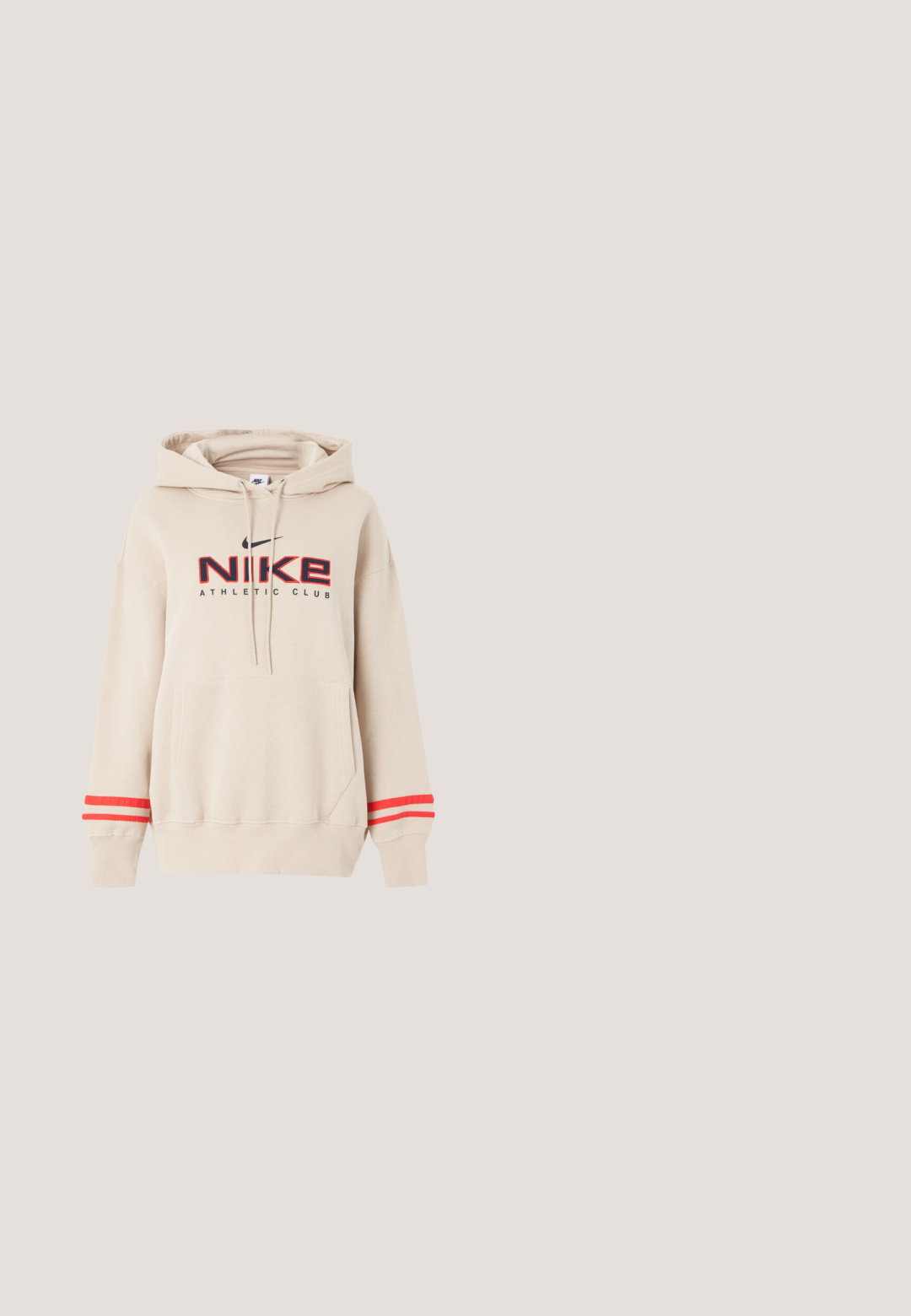 Μπεζ φούτερ Nike με μπροστινή τσέπη, κόκκινες ρίγες στα μανίκια και λογότυπο "Nike Athletic Club" σε μαύρο και κόκκινο στο στήθος.; Καφέ φόρμα Nike με ελαστική μέση και μανσέτες, με μικρό λευκό λογότυπο Nike στο πάνω αριστερό πόδι.; Μαύρο καστόρινο αθλητικό παπούτσι με λευκή καουτσούκ πλατφόρμα, που διαθέτει λευκές κορδόνες και ραφές, εμβληματική σήμανση στο πλάι, σε χαμηλό σχεδιασμό.; Καφέ ηλιακά γυαλιά με σχέδιο καμουφλάζ χελώνας, γωνιακό σκελετό και λεπτά μπράτσα. Ελαφρύ πλαστικό υλικό.; Μπλε τσάντα από καμπυλωτό ύφασμα με διπλές μπροστινές τσέπες, απαλό υλικό, δύο λαβές και ρυθμιζόμενο λουρί ώμου. Δύο φερμουάρ με χάντρες.; Χρυσή αλυσίδα περιnecklace με διασυνδεδεμένους κρίκους, λεία υφή και κλείσιμο με κούμπωμα. Διαθέτει ρυθμιζόμενο μήκος για να προσαρμόζεται η εφαρμογή.