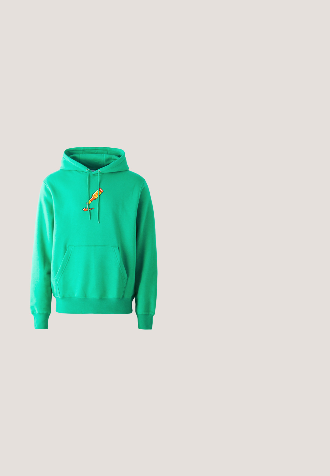 Grüne Kapuzenjacke aus weichem Stoff, mit einer Kängurutasche vorne und einem Logo einer FarbTube, die auf der Brust tropft.; Weißes T-Shirt mit kurzen Ärmeln und Rundhalsausschnitt, mit kleinem rot-orangefarbenem Logo auf der linken Brust, vor einfarbigem Hintergrund.; Dunkelblaue Denim-Shorts mit weitem Bein, vorderen Taschen, Gürtelschlaufen und Knopfverschluss.; Blaue und marinefarbene Laufschuhe mit einem Obermaterial aus Mesh und Wildleder, weißen Akzenten und einer Gummisohle mit einem strukturierten Profil.; Schwarz gerahmte Sonnenbrille mit randlosen, blau-violetten verspiegelten Gläsern, die auf einer hellen Oberfläche liegen.; Schwarze rechteckige Kulturtasche mit Netzvordertasche, seitlichem Griff und Reißverschluss auf weißem Hintergrund.